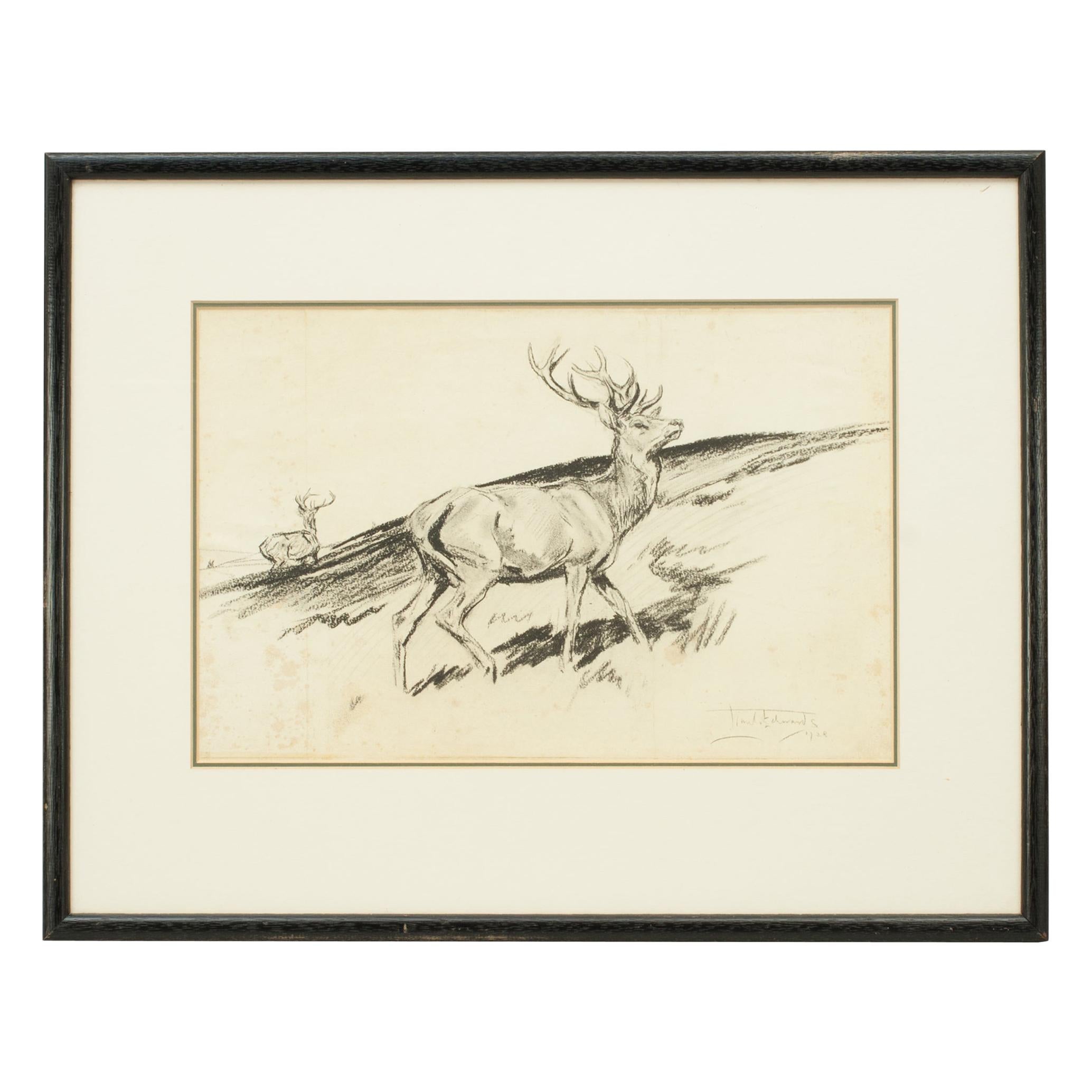 Original Lionel Edwards Pencil Drawing of a Stag on the Hill, Signed and Dated