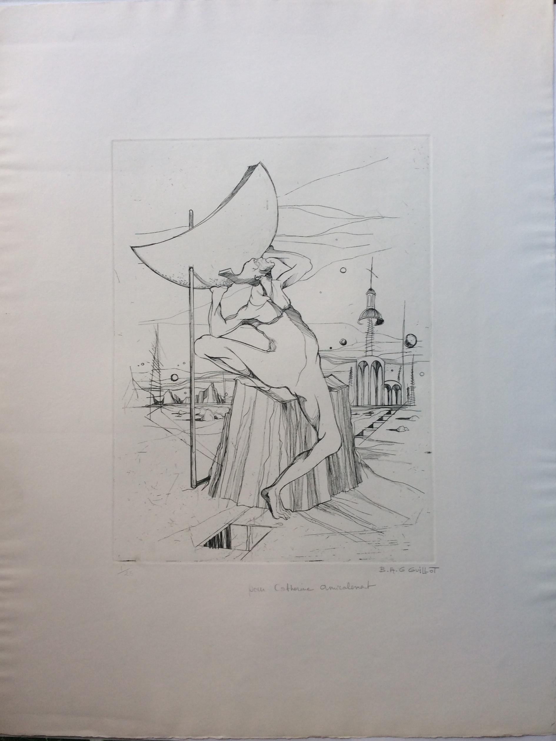 Very well drawn art piece signed B.A.G. Guillot, limited edition number 1/25, E.A. or epreuve d'artiste.
Guillot was a skilled draftsman, Surrealist.

Measurements: Width 19 1/2 in x height 25 1/2 in.
Personalized for his friend Catherine, signed.