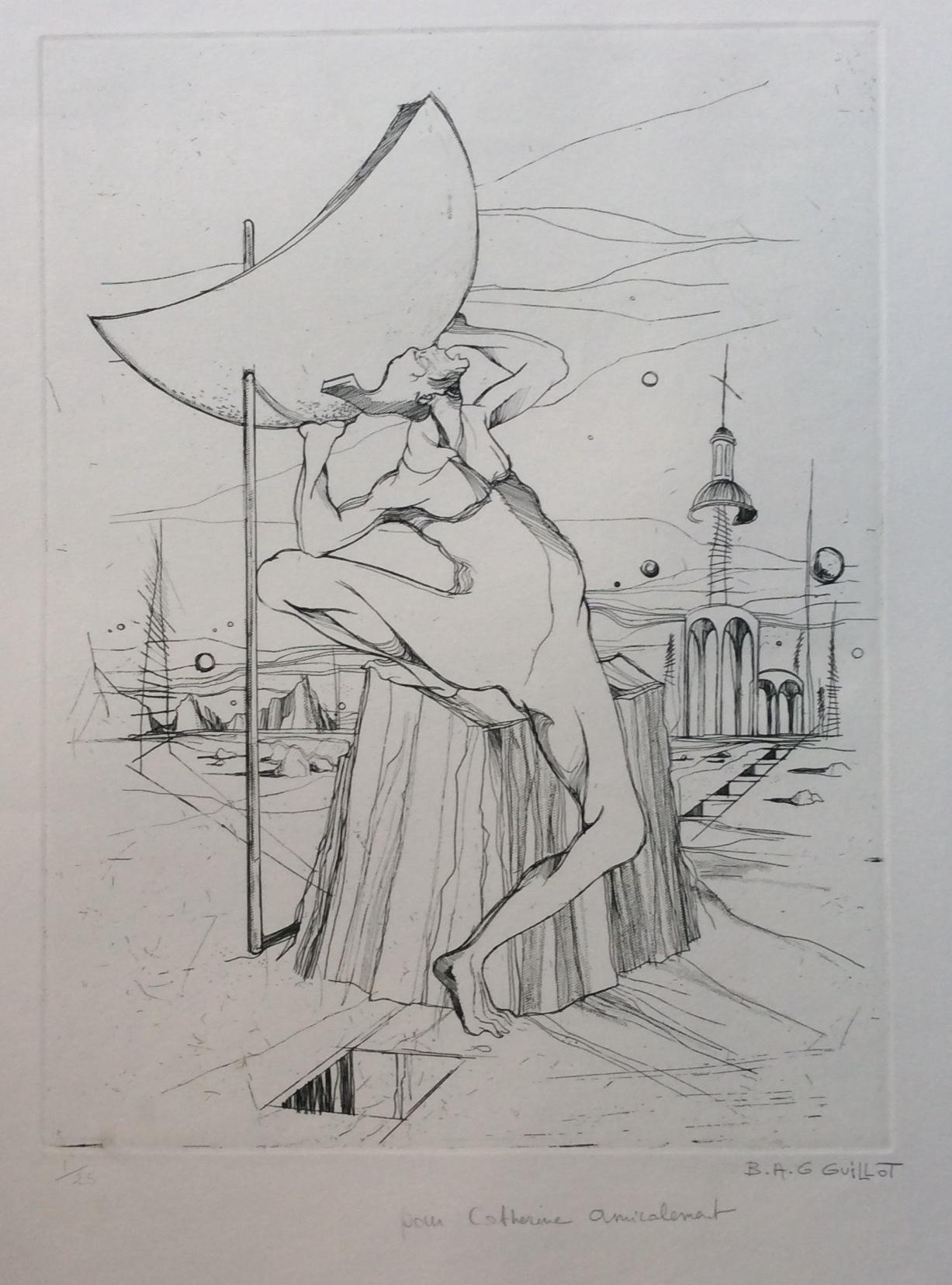 French Original Surrealist Lithograph by B.A.G. Guillot For Sale