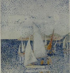 Litografia originale di Yvonne Canu con paesaggio marino, stile puntinismo