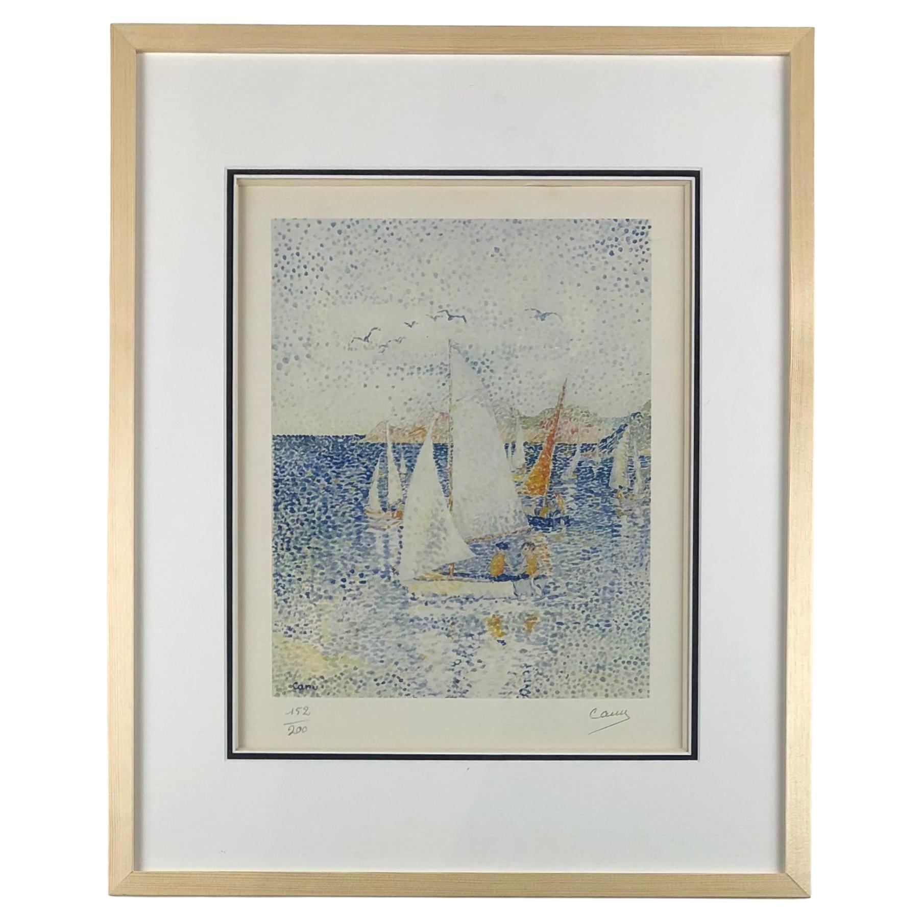 Original Seascape Lithograph by Yvonne Canu, Pointillism Style For Sale