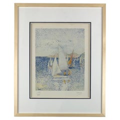 Vintage Original Seascape Lithograph by Yvonne Canu, Pointillism Style