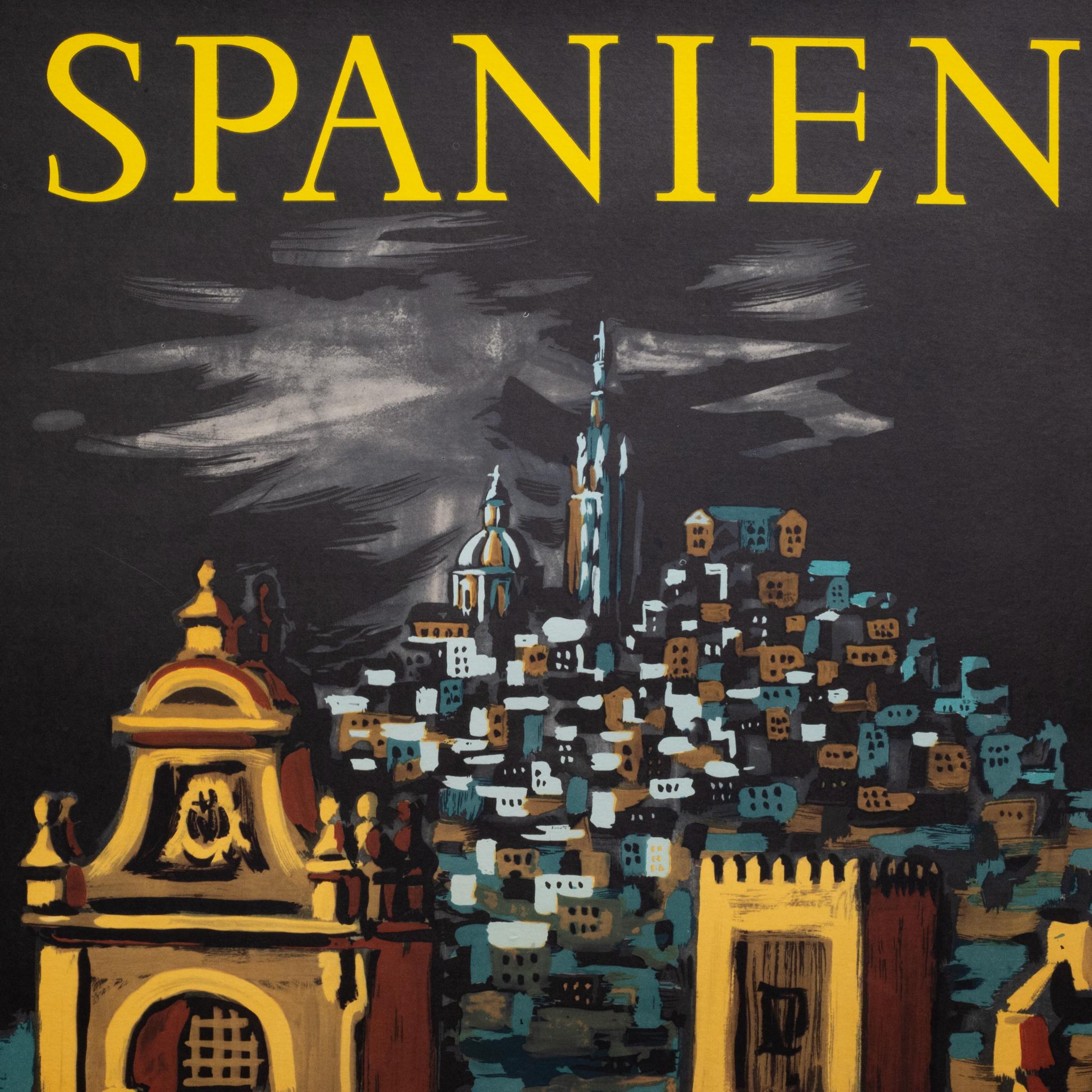 À PROPOS DE

Affiche de voyage originale pour l'Espagne, réalisée par l'artiste graphique français Bernard Villemot (1911-1989), représentant une ville espagnole fortifiée de nuit avec des tours d'églises et des bâtiments historiques, des