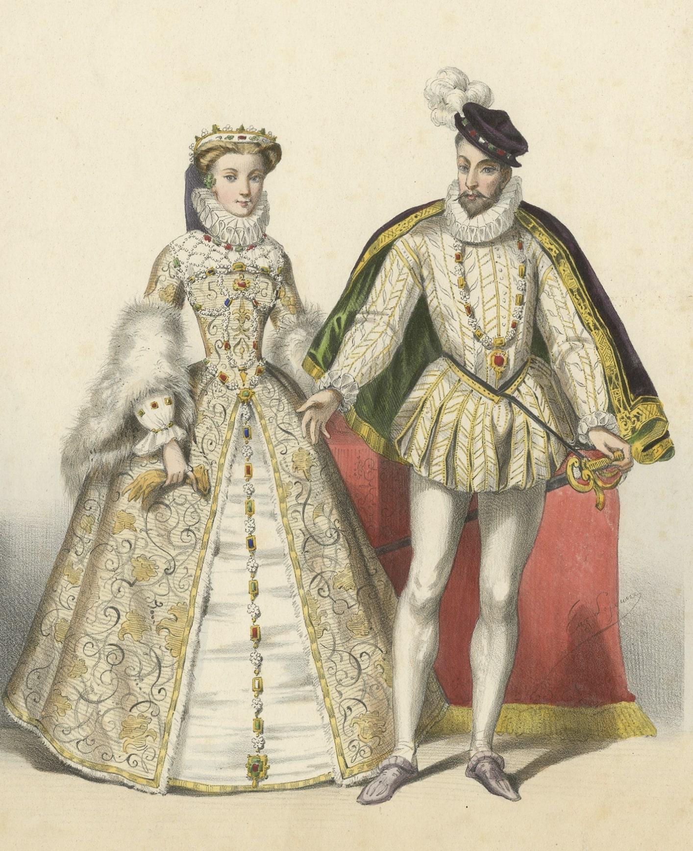 Antique print titled 'Elisabeth d'Autriche - Charles IX'. 

Lithograph of Elisabeth of Austria and Charles IX. Elisabeth of Austria was Queen of France from 1570 to 1574 as the wife of King Charles IX. A member of the House of Habsburg, she was
