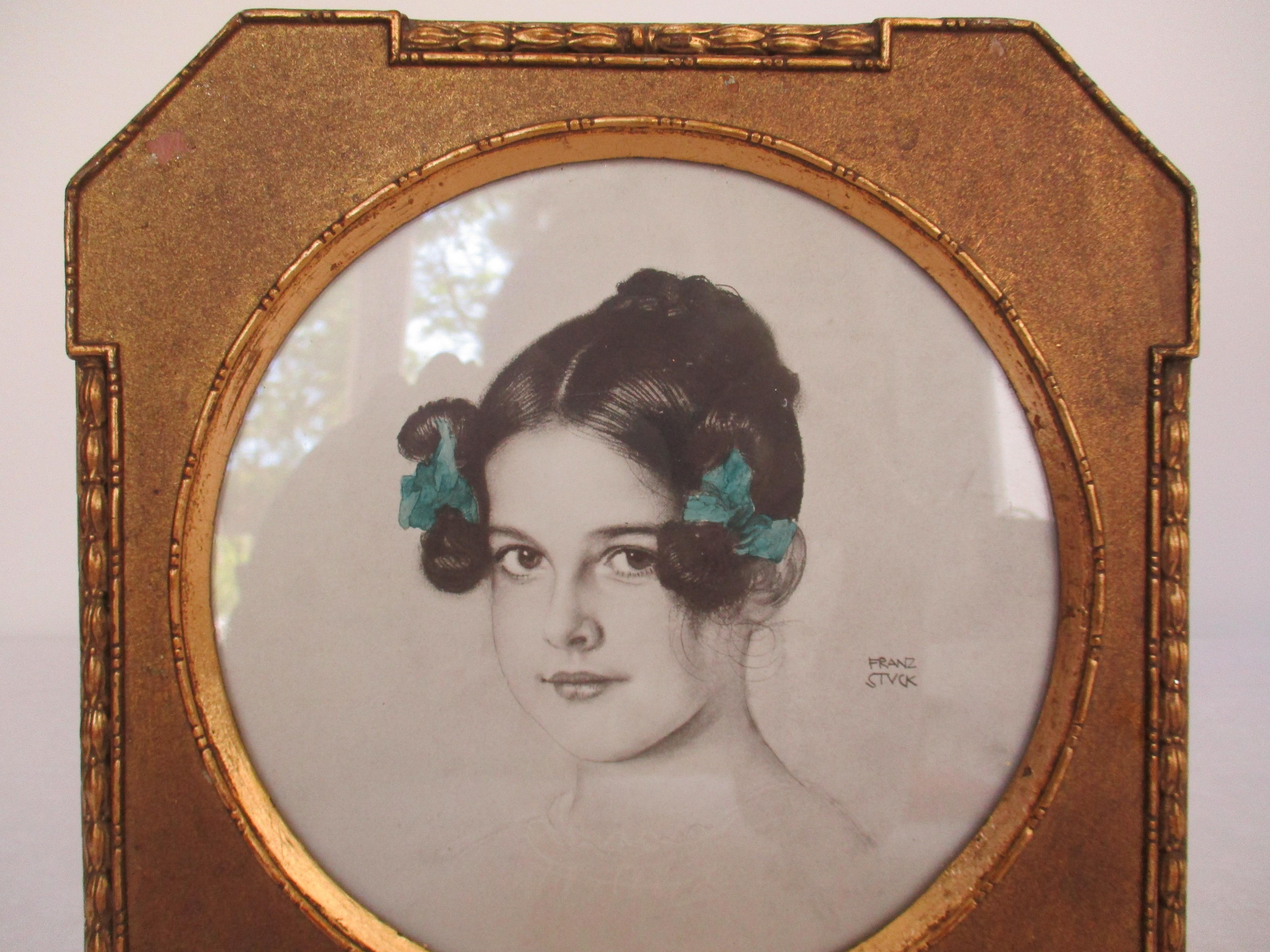 This original lithograph made as a Christmas gift in 1912 from Franz Stuck (German Graphic artist) of his own Daughter comes in a original presentation frame. The lithograph was printed in 2 colors.
On the backside there is a note of the year
