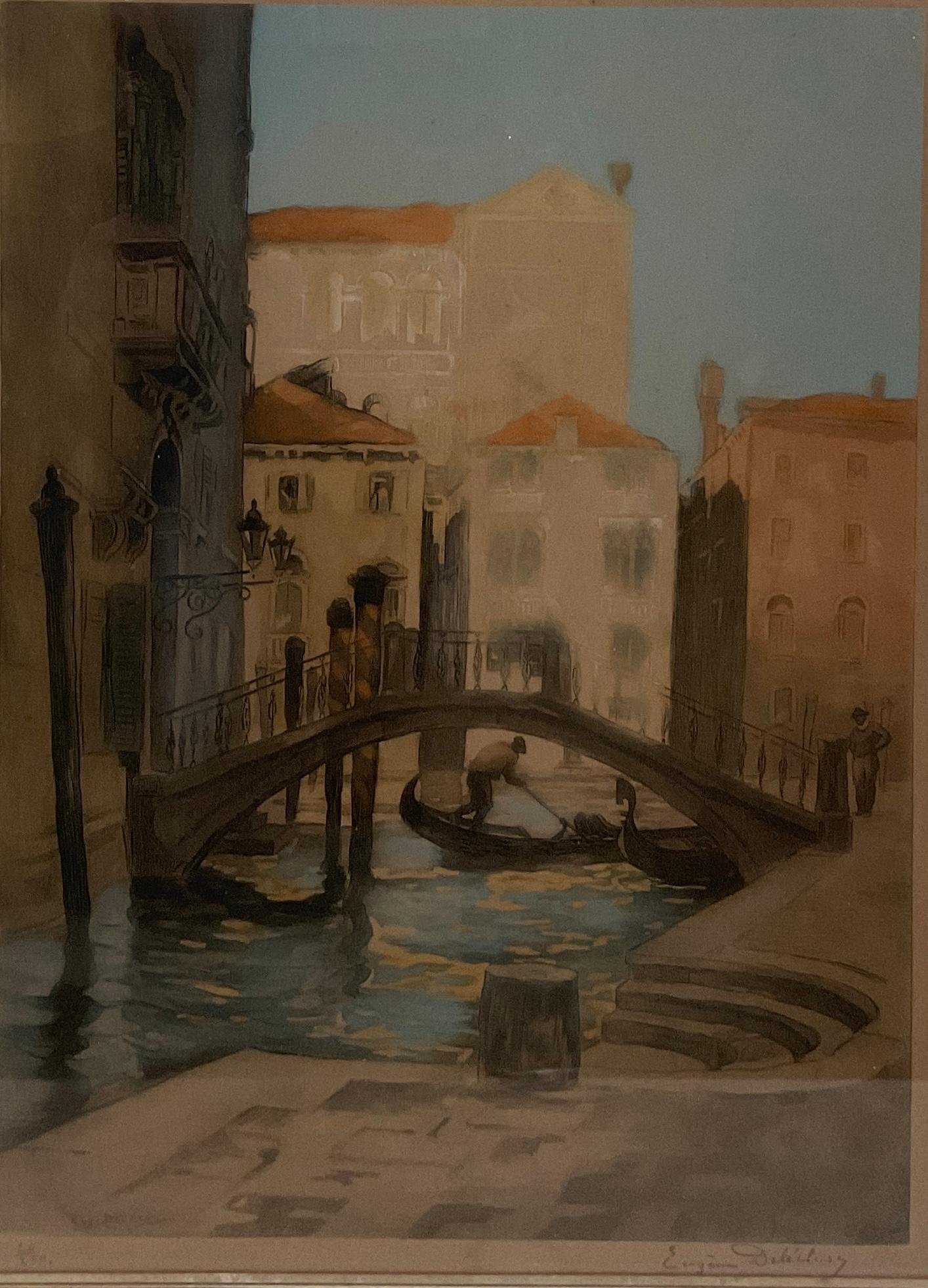 Original Lithographie von Venedig Italien, signiert Eugène Delécluse im Zustand „Gut“ im Angebot in Miami, FL
