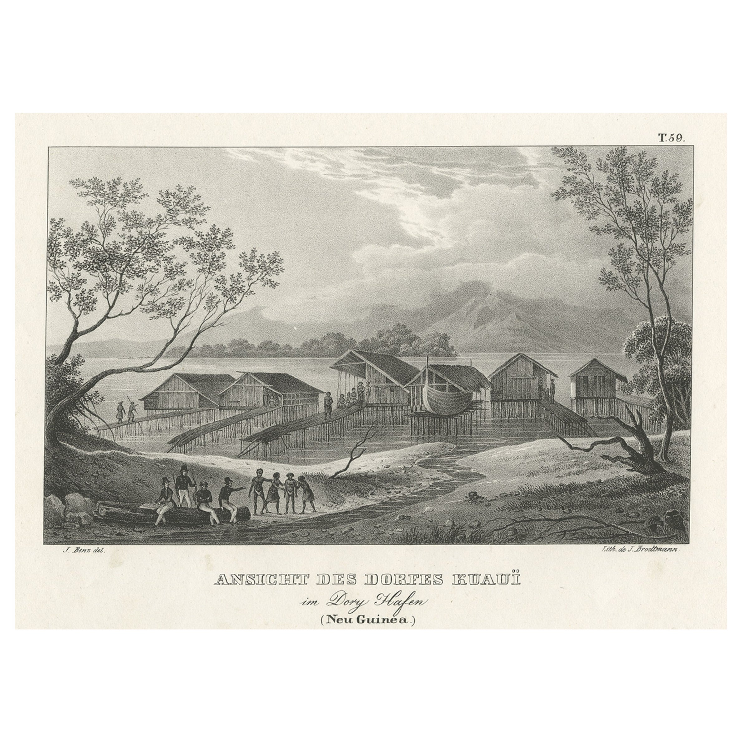 Lithographie originale avec une scène d'un village et d'un port en Nouvelle-Guinée, vers 1836