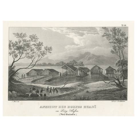 Original Lithograph with a Scene of a Village and Harbour in New Guinea, c.1836