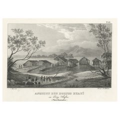 Litografía original con una escena de un pueblo y un puerto de Nueva Guinea, c.1836