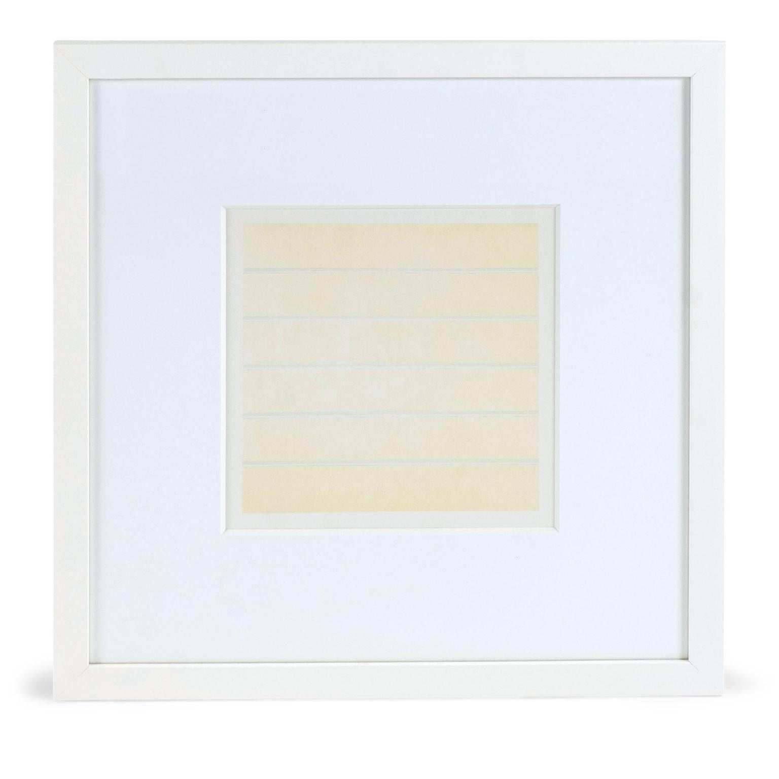 Original lithographs on Vellum by Agnes Martin (1912-2004). Published by Pace Wilderstein in 2000 (Recent Paintings April 27-June 3 2000). Matted and framed in white matte finished wood. Mat window measures 9.25 inches x 9.25 inches. All papers,