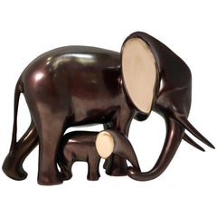 Original Loet Vanderveen "Elephant and Baby" Bronze 2-Tone Wildlife Sculpture