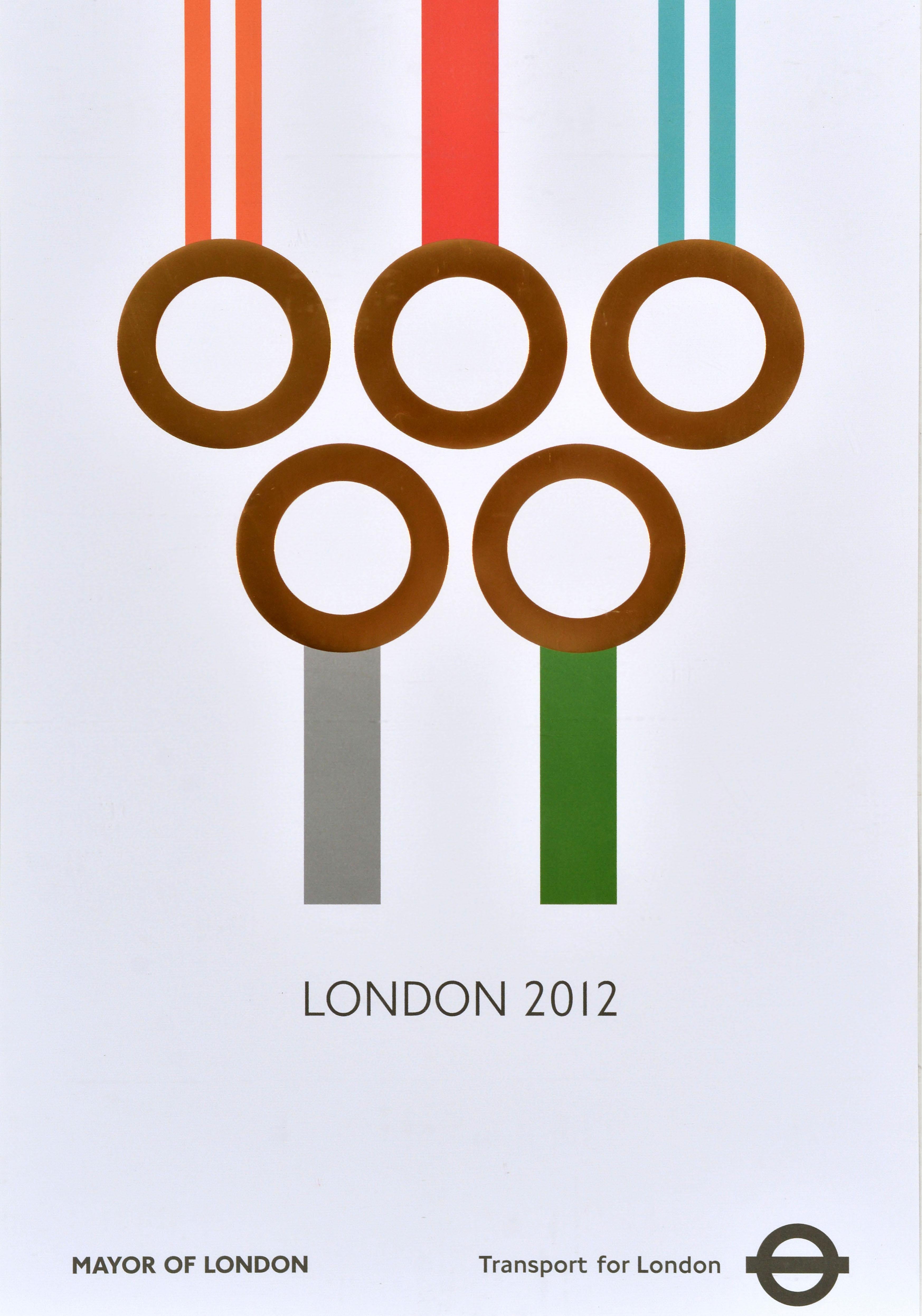 Original London Transport poster issued for the 2012 London Summer Olympics / the Games of the XXX Olympiad featuring great design depicting five Olympic Rings in gold as gold medals attached to coloured lines representing the London Overground,
