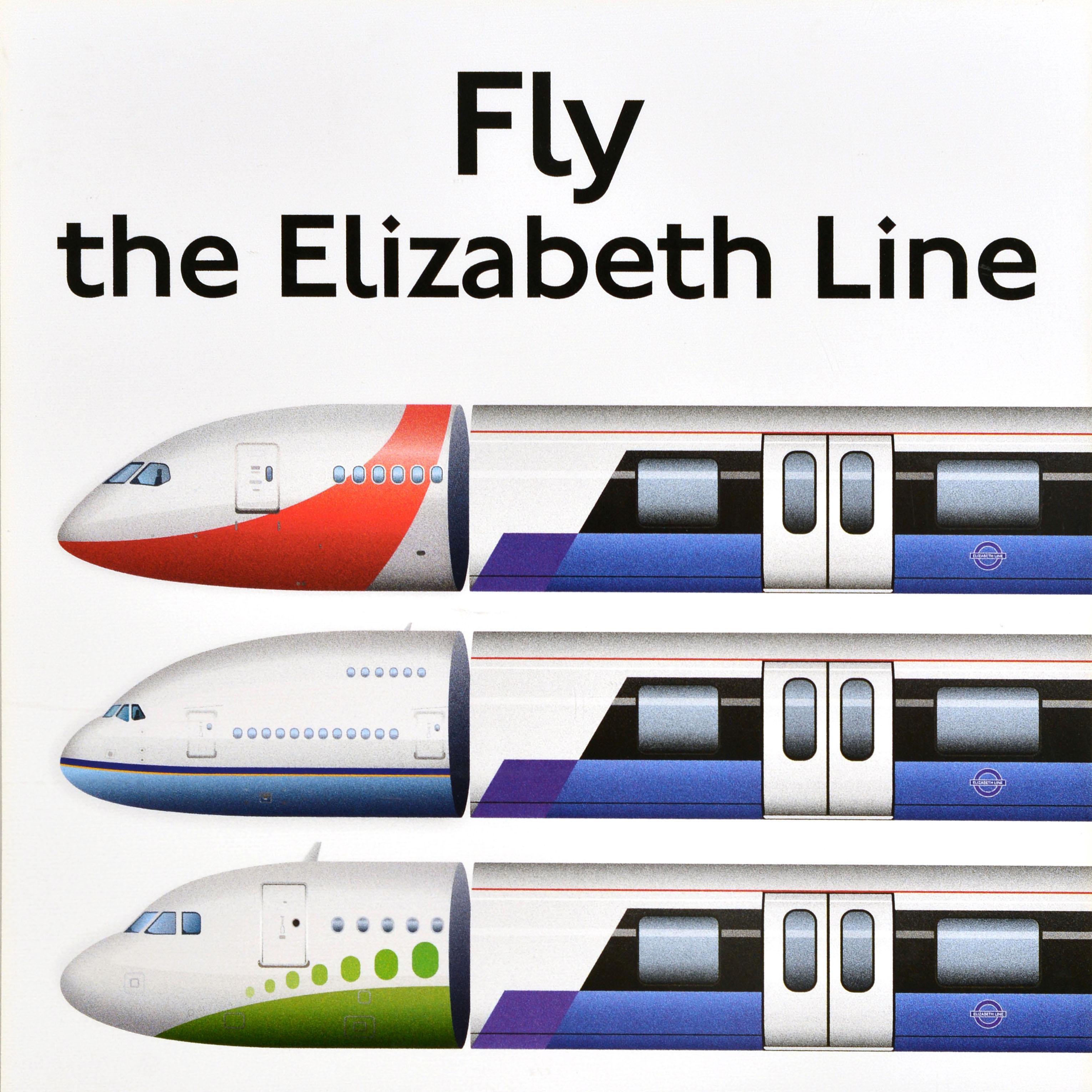Britannico Poster pubblicitario originale dei trasporti londinesi Fly The Elizabeth Line in vendita