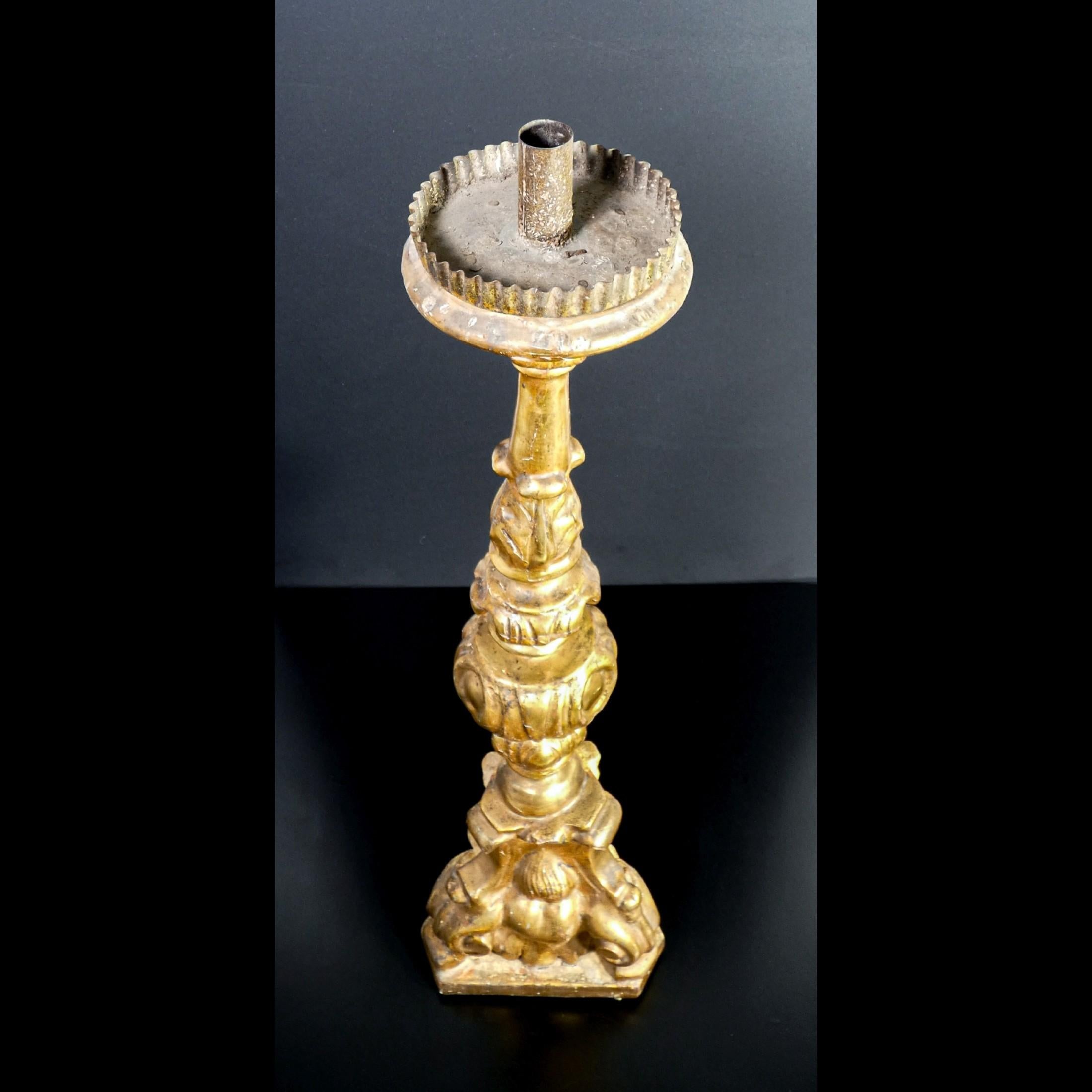 Italian Original Louis XV Candlestick, in Carved Wood, 'Mecca' Gilded, Italy, 1730-1740