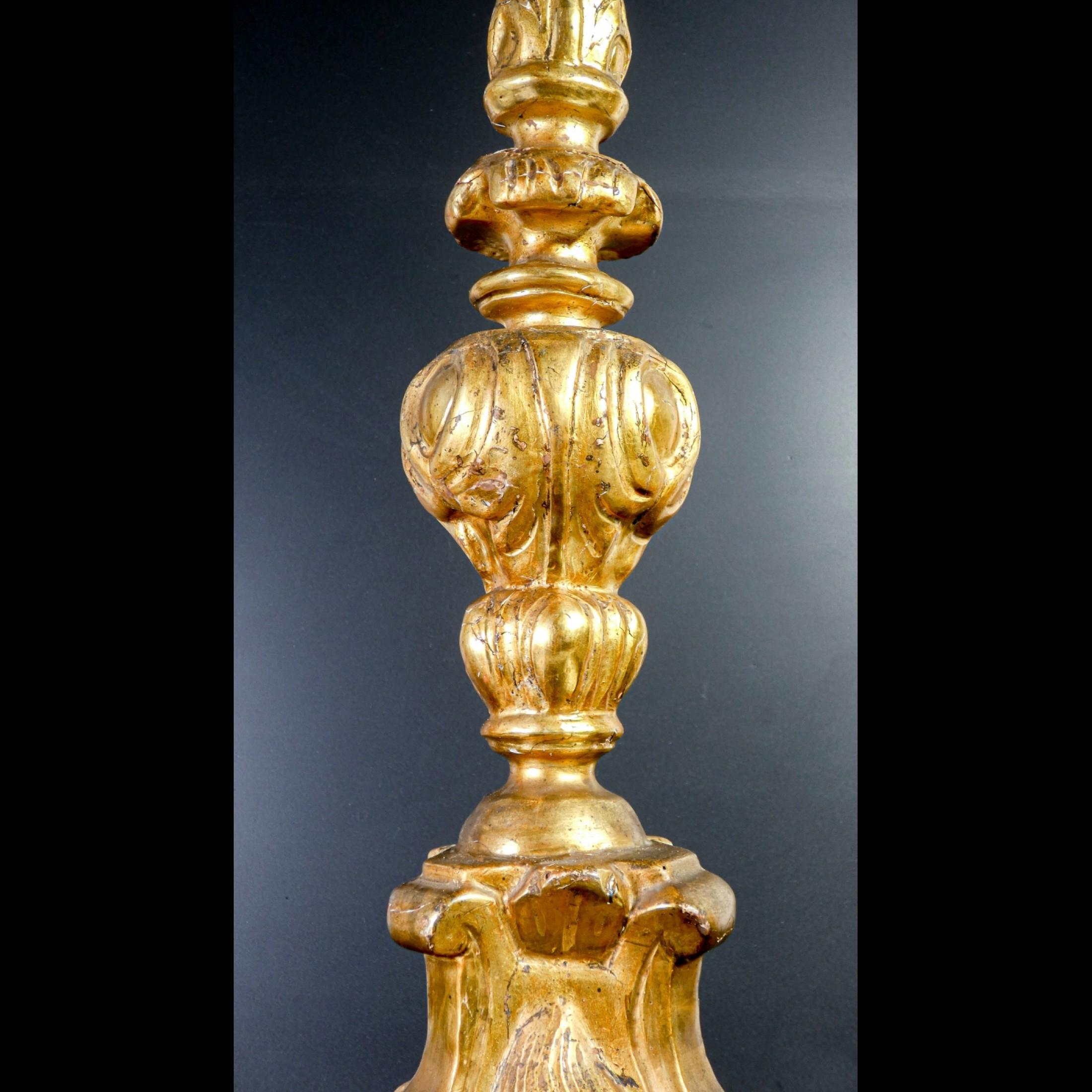 18th Century and Earlier Original Louis XV Candlestick, in Carved Wood, 'Mecca' Gilded, Italy, 1730-1740