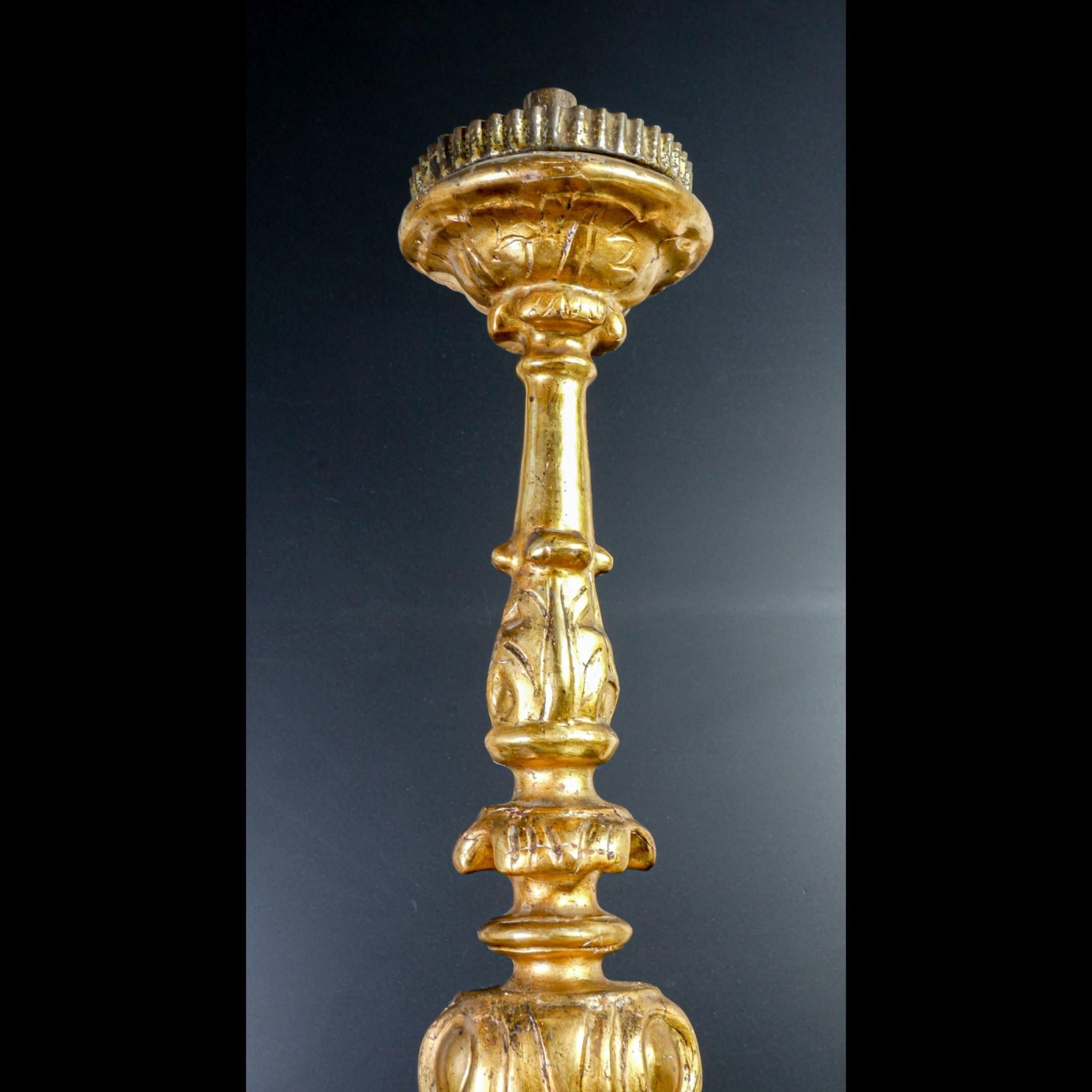 Original Louis XV Candlestick, in Carved Wood, 'Mecca' Gilded, Italy, 1730-1740 1
