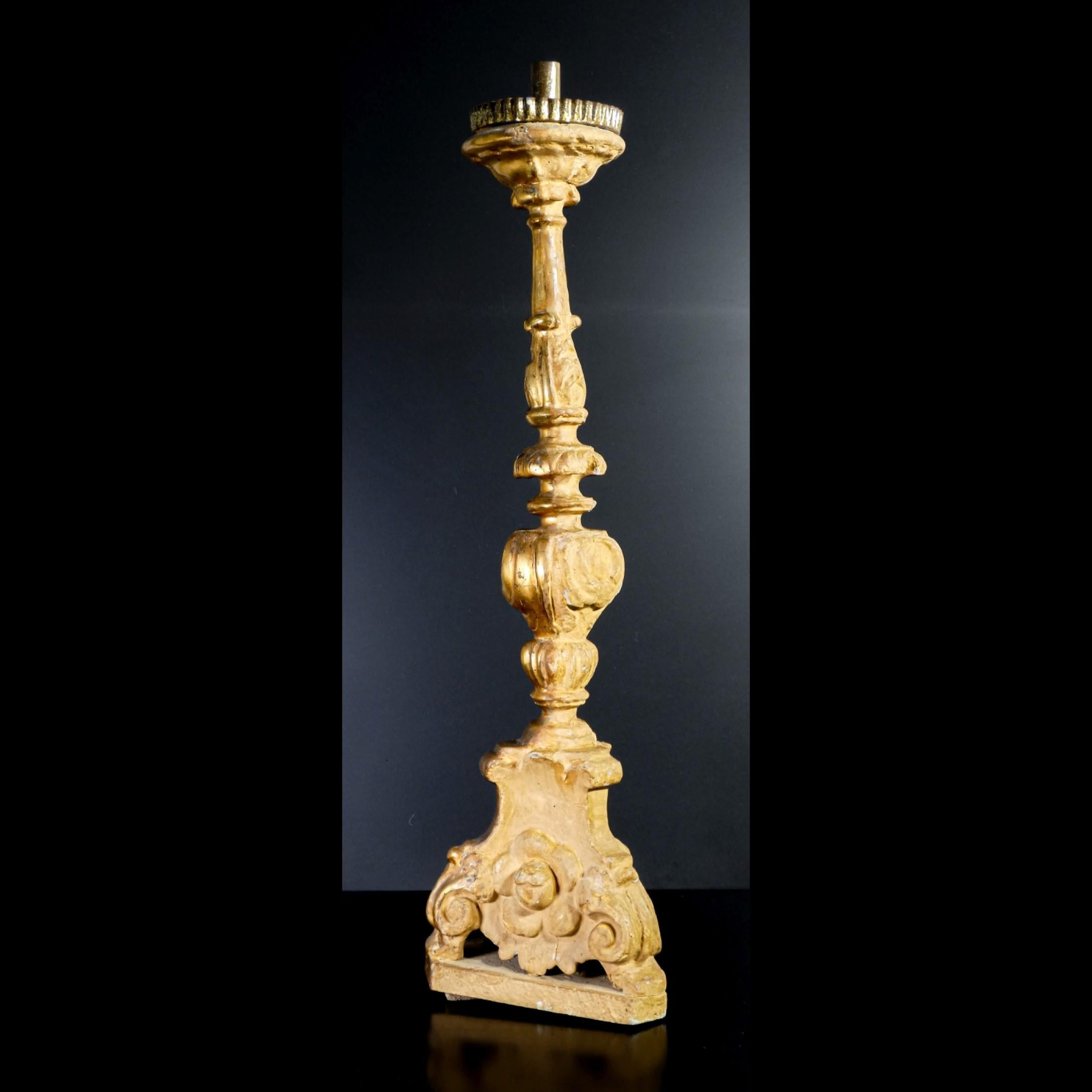 Original Louis XV Candlestick, in Carved Wood, 'Mecca' Gilded, Italy, 1730-1740 2