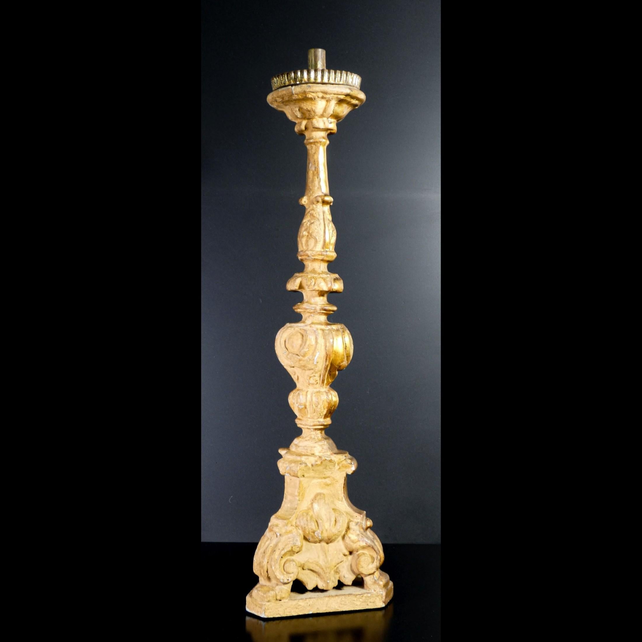 Original Louis XV Candlestick, in Carved Wood, 'Mecca' Gilded, Italy, 1730-1740 3