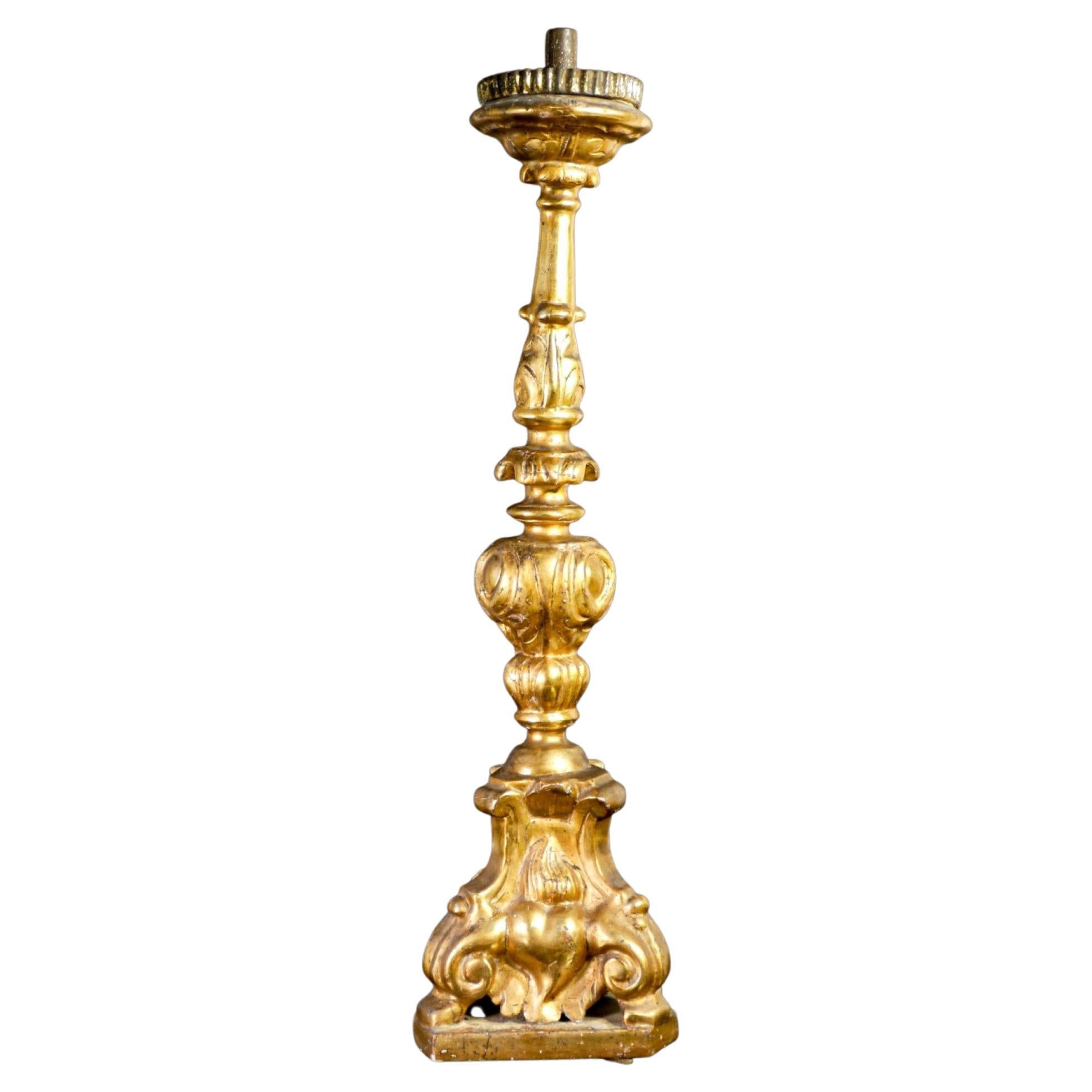 Original Louis XV Candlestick, in Carved Wood, 'Mecca' Gilded, Italy, 1730-1740
