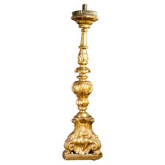 Antique Original Louis XV Candlestick, in Carved Wood, 'Mecca' Gilded, Italy, 1730-1740