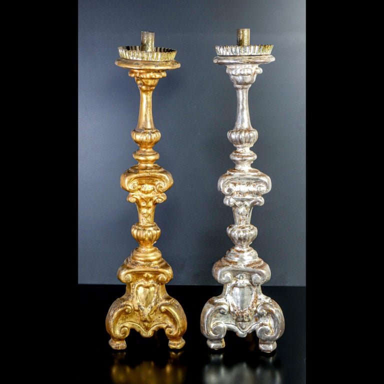 Original Louis XV candlesticks, silver leaf and 'mecca' gilding

Origin
Italy

Period
1740-1750

Model
Side stanchions

Materials
Carved wood, silver leaf and 'mecca' gilding

Dimensions
H 57 cm

Conditions
The candlesticks are in