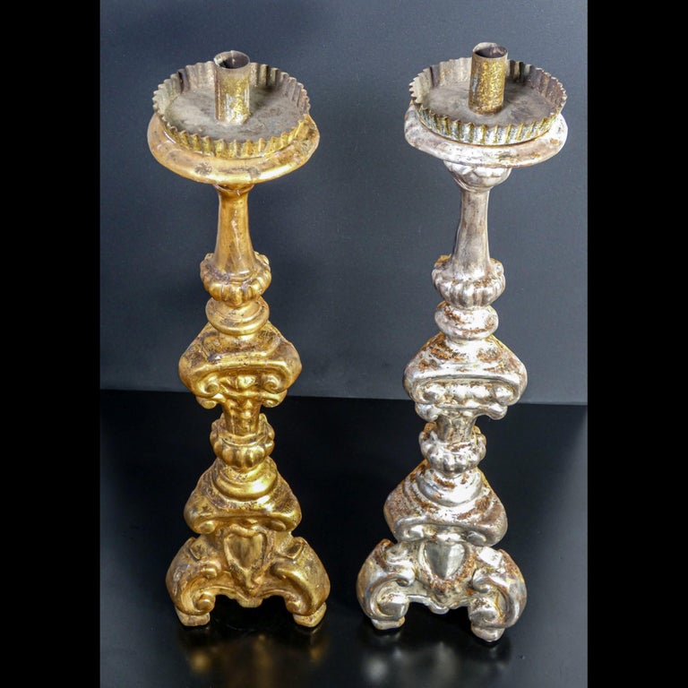 Italian Original Louis XV Candlesticks, Silver Leaf and Mecca Gilding, Italy, 1740-1750 For Sale