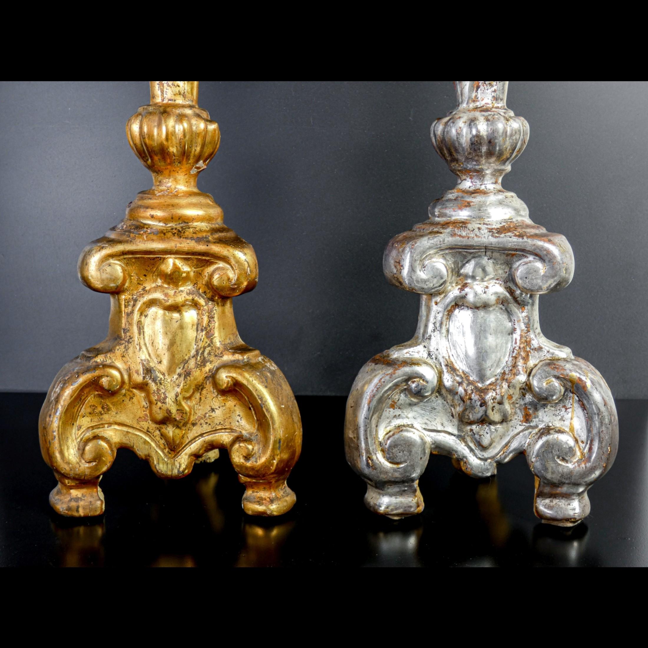 Carved Original Louis XV Candlesticks, Silver Leaf and Mecca Gilding, Italy, 1740-1750
