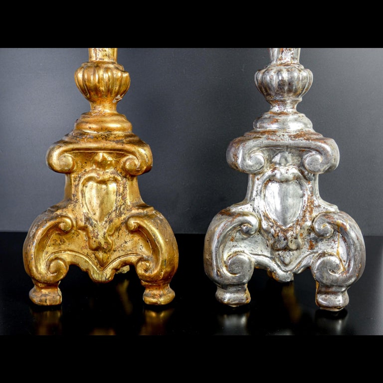 Carved Original Louis XV Candlesticks, Silver Leaf and Mecca Gilding, Italy, 1740-1750 For Sale