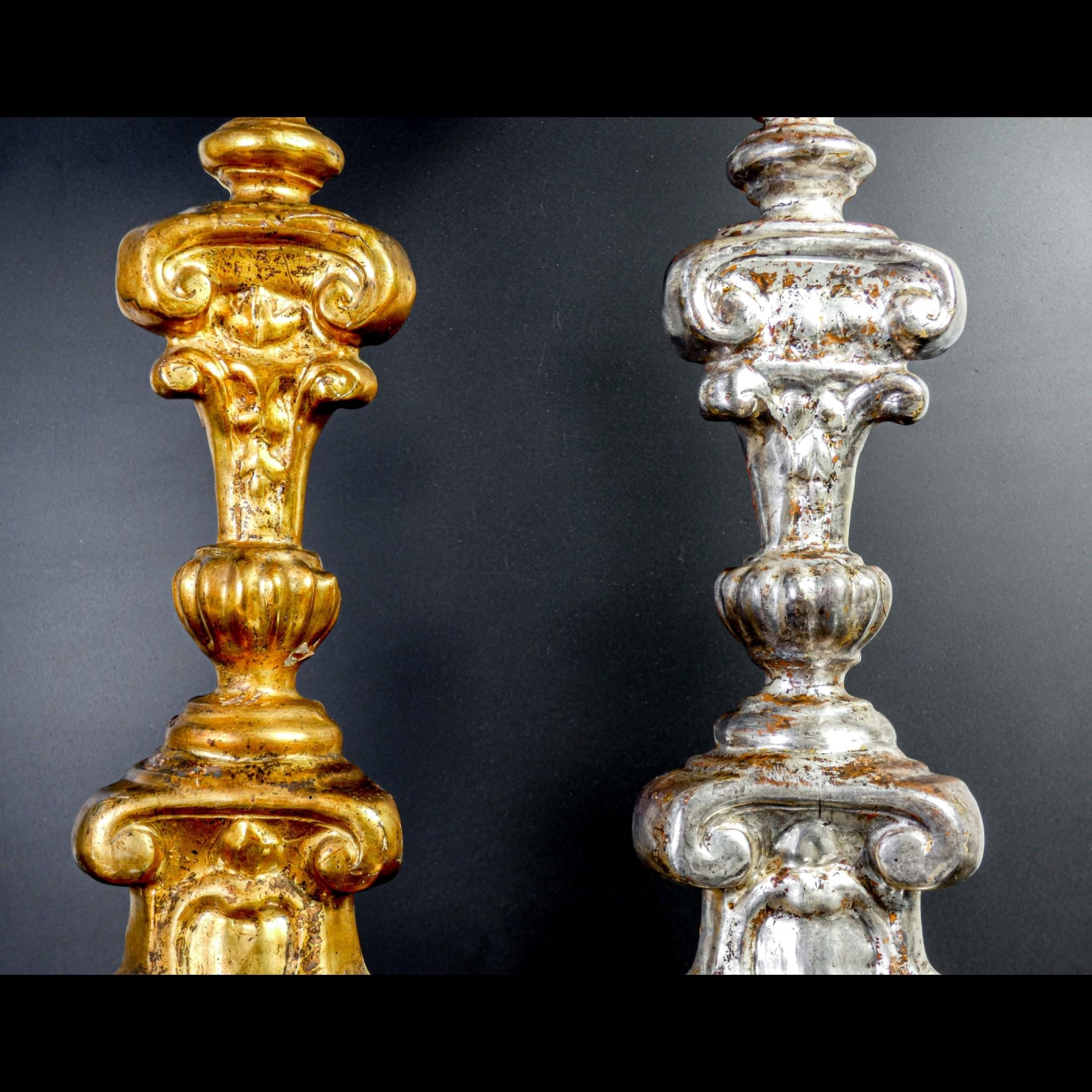 Original Louis XV Candlesticks, Silver Leaf and Mecca Gilding, Italy, 1740-1750 In Good Condition In Torino, IT