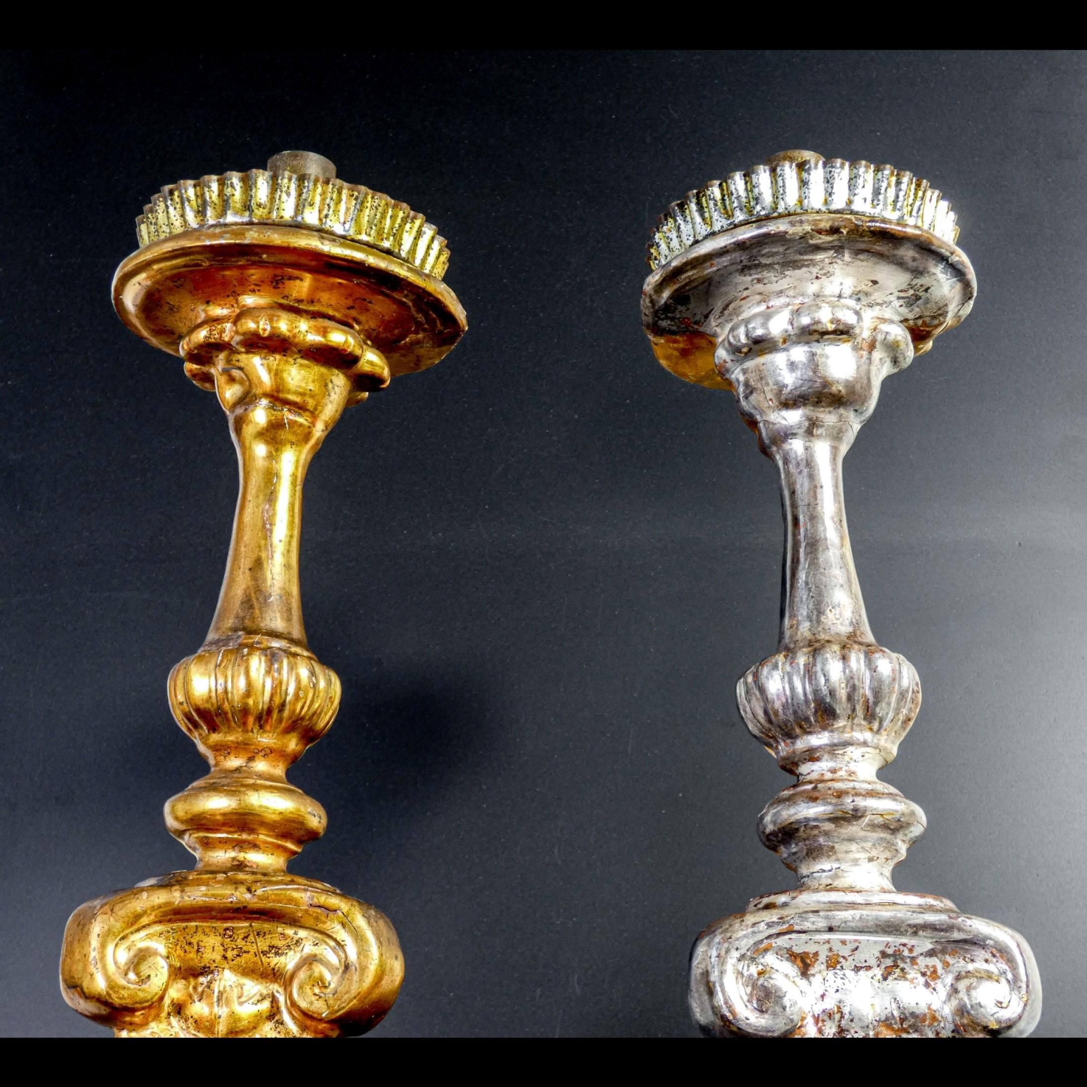18th Century and Earlier Original Louis XV Candlesticks, Silver Leaf and Mecca Gilding, Italy, 1740-1750