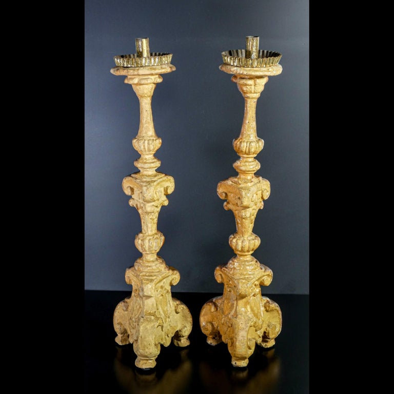 Wood Original Louis XV Candlesticks, Silver Leaf and Mecca Gilding, Italy, 1740-1750 For Sale