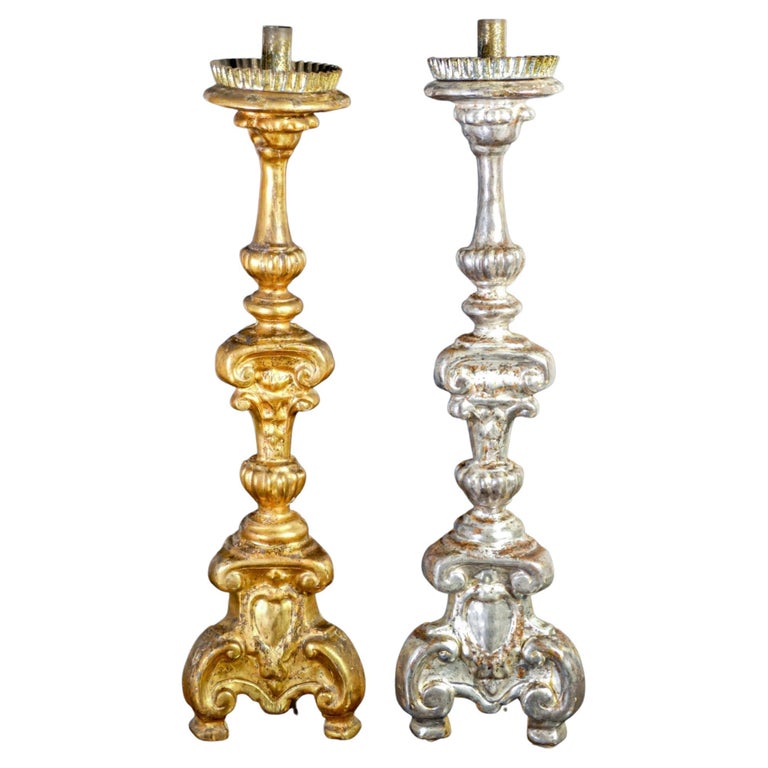 Original Louis XV Candlesticks, Silver Leaf and Mecca Gilding, Italy, 1740-1750 For Sale