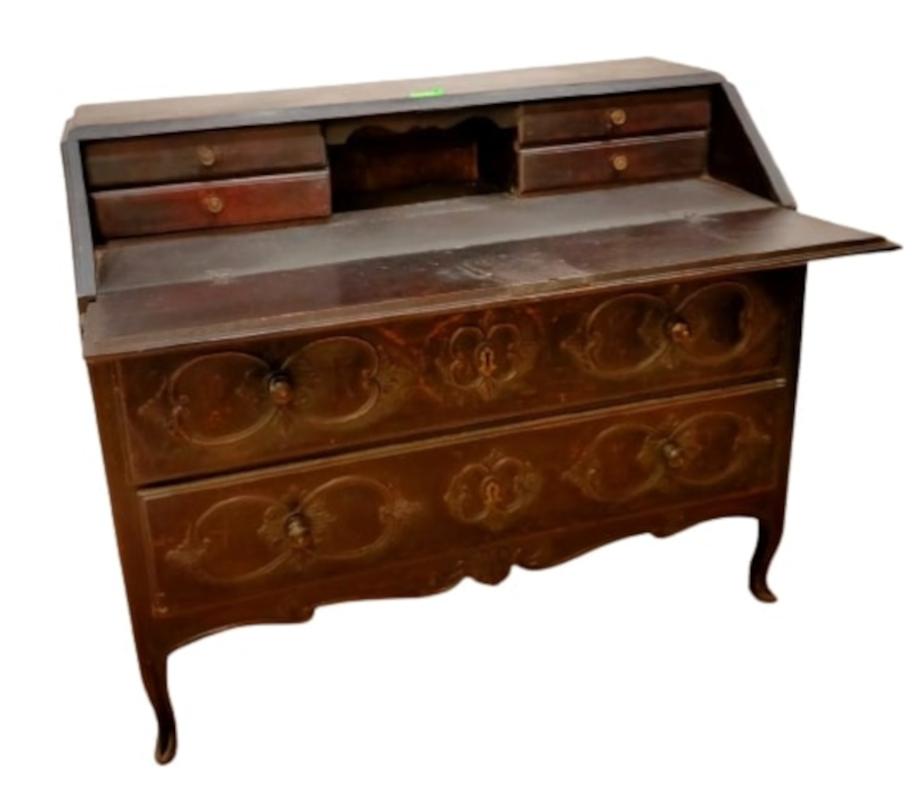 Italian Original Louis XV Carved Sideboard with Writing Desk with Dark Patina Finish For Sale