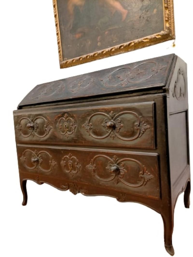 Original Louis XV Carved Sideboard with Writing Desk with Dark Patina Finish In Good Condition For Sale In Cesena, FC