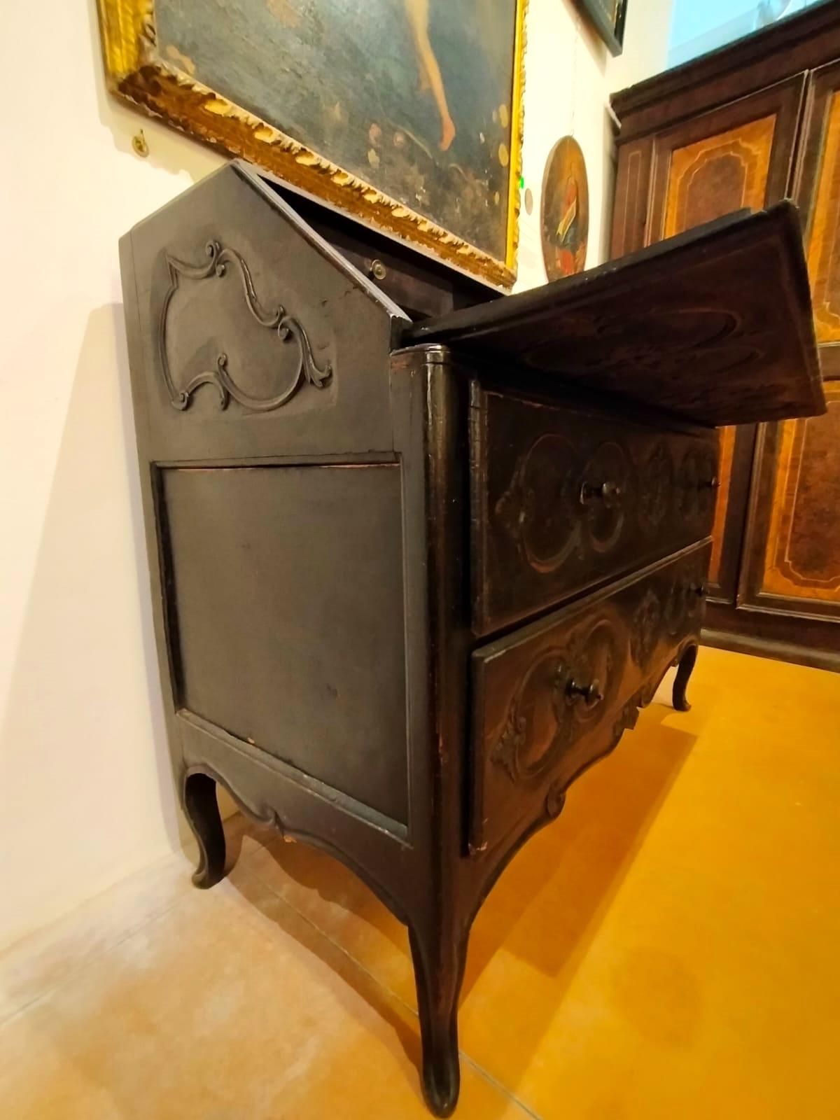 Walnut Original Louis XV Carved Sideboard with Writing Desk with Dark Patina Finish For Sale