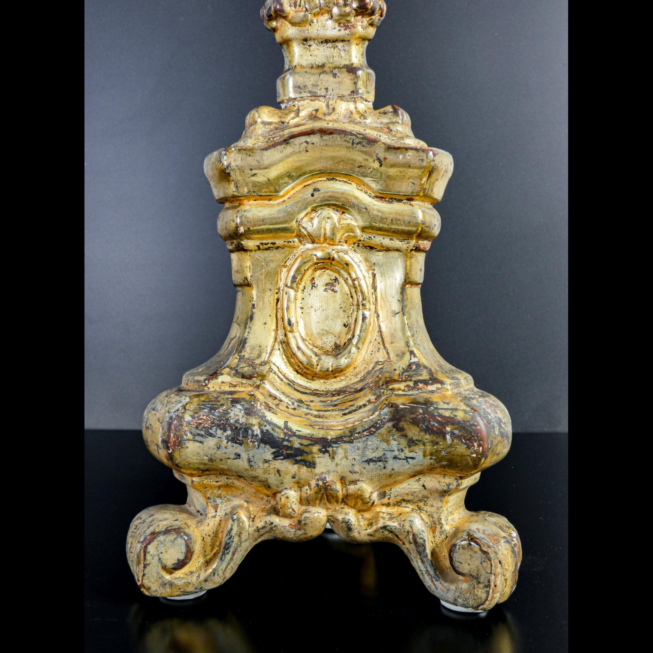 Italian Original Louis XVI Candlestick, in Carved Wood, 'Mecca' Gilded, Italy, 1770-1780