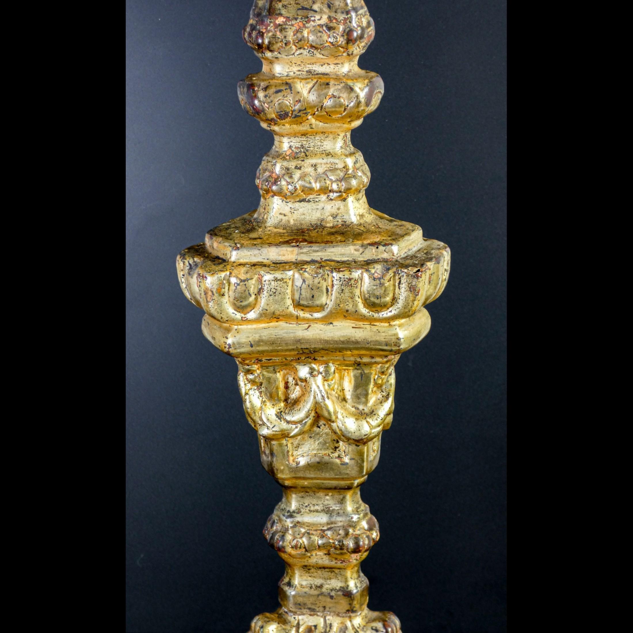 18th Century and Earlier Original Louis XVI Candlestick, in Carved Wood, 'Mecca' Gilded, Italy, 1770-1780