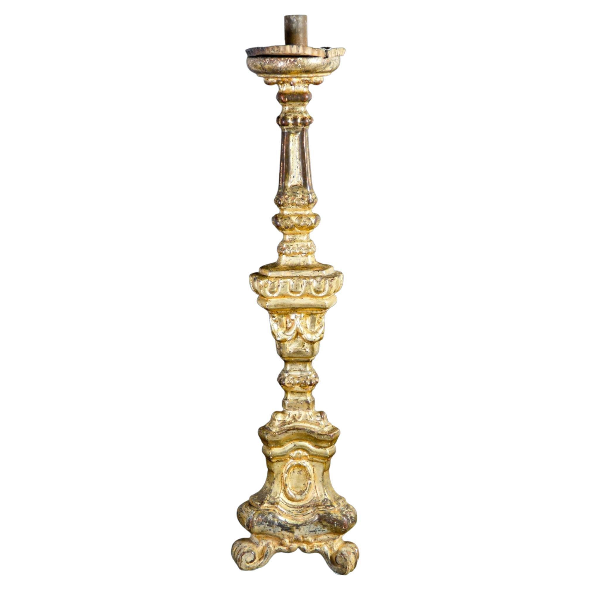 Original Louis XVI Candlestick, in Carved Wood, 'Mecca' Gilded, Italy, 1770-1780