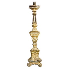Antique Original Louis XVI Candlestick, in Carved Wood, 'Mecca' Gilded, Italy, 1770-1780