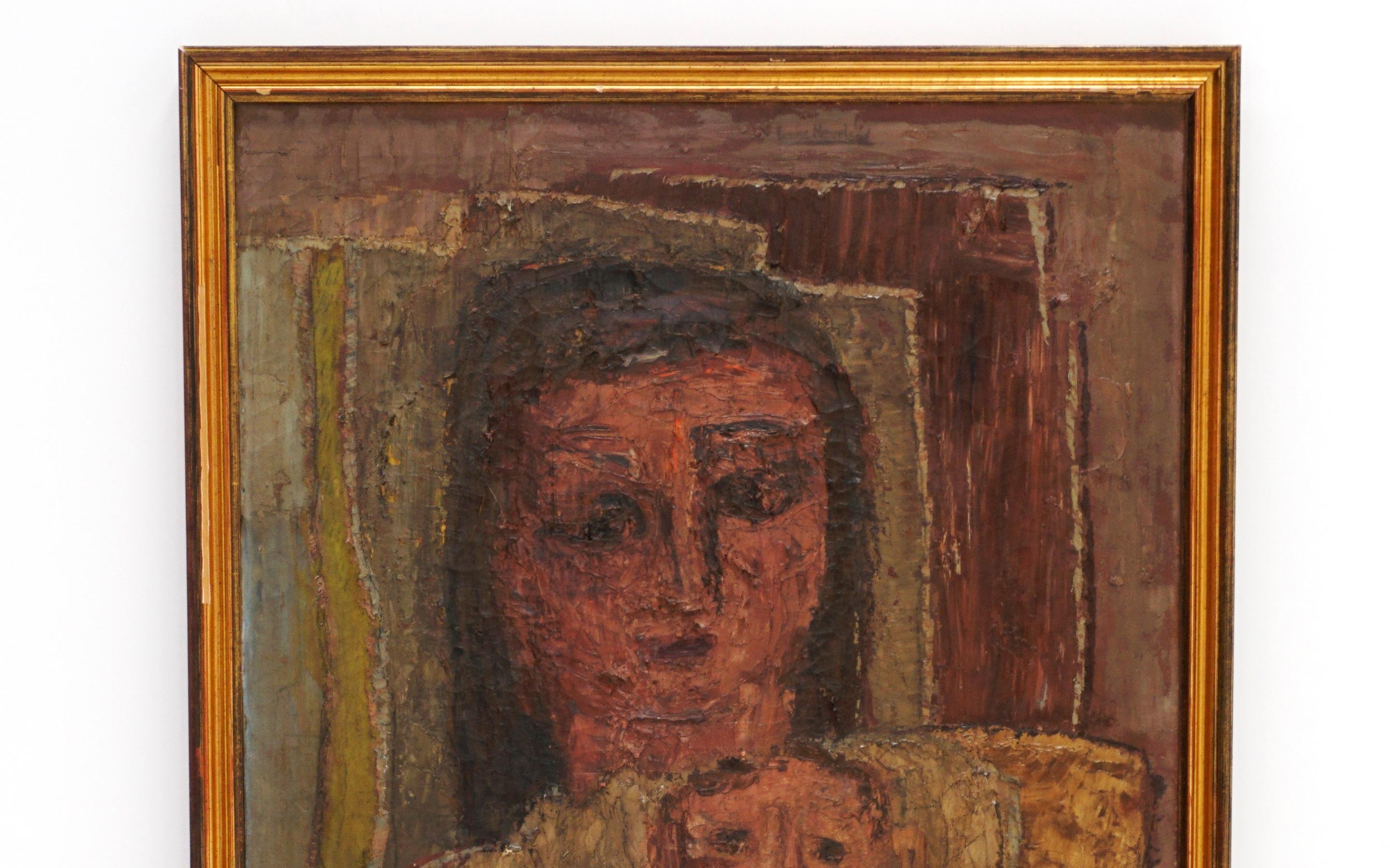 Louise Nevelson painting of a mother and child. Oil on canvas. Very good condition. Signed by the artist. The original frame shows signs of wear.
