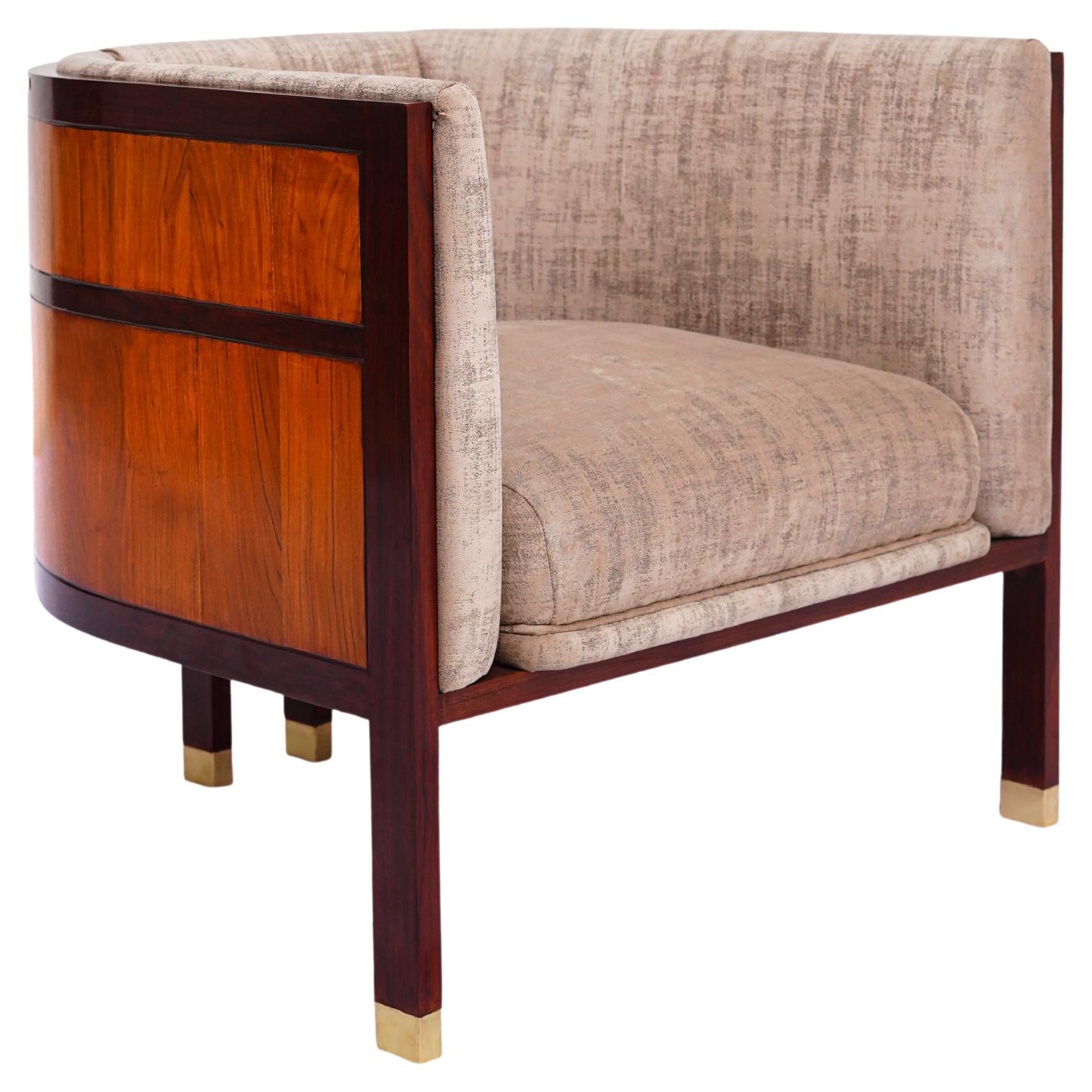 Original lounge chair, Barrel chair, club chair, bold, modern, walnut wood For Sale