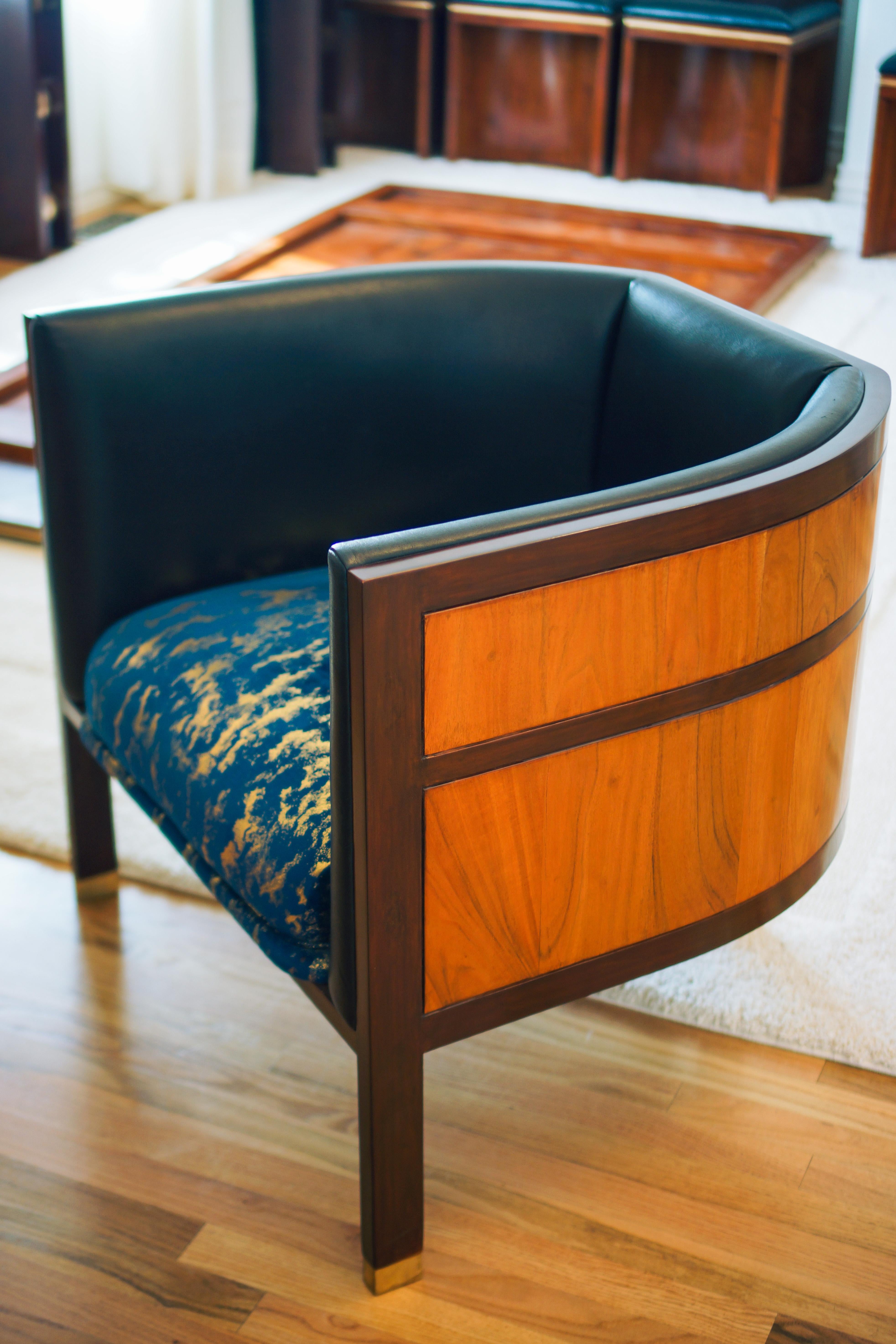 Modern Original lounge chair, Barrel chair, round back chair, bold, modern, walnut wood For Sale