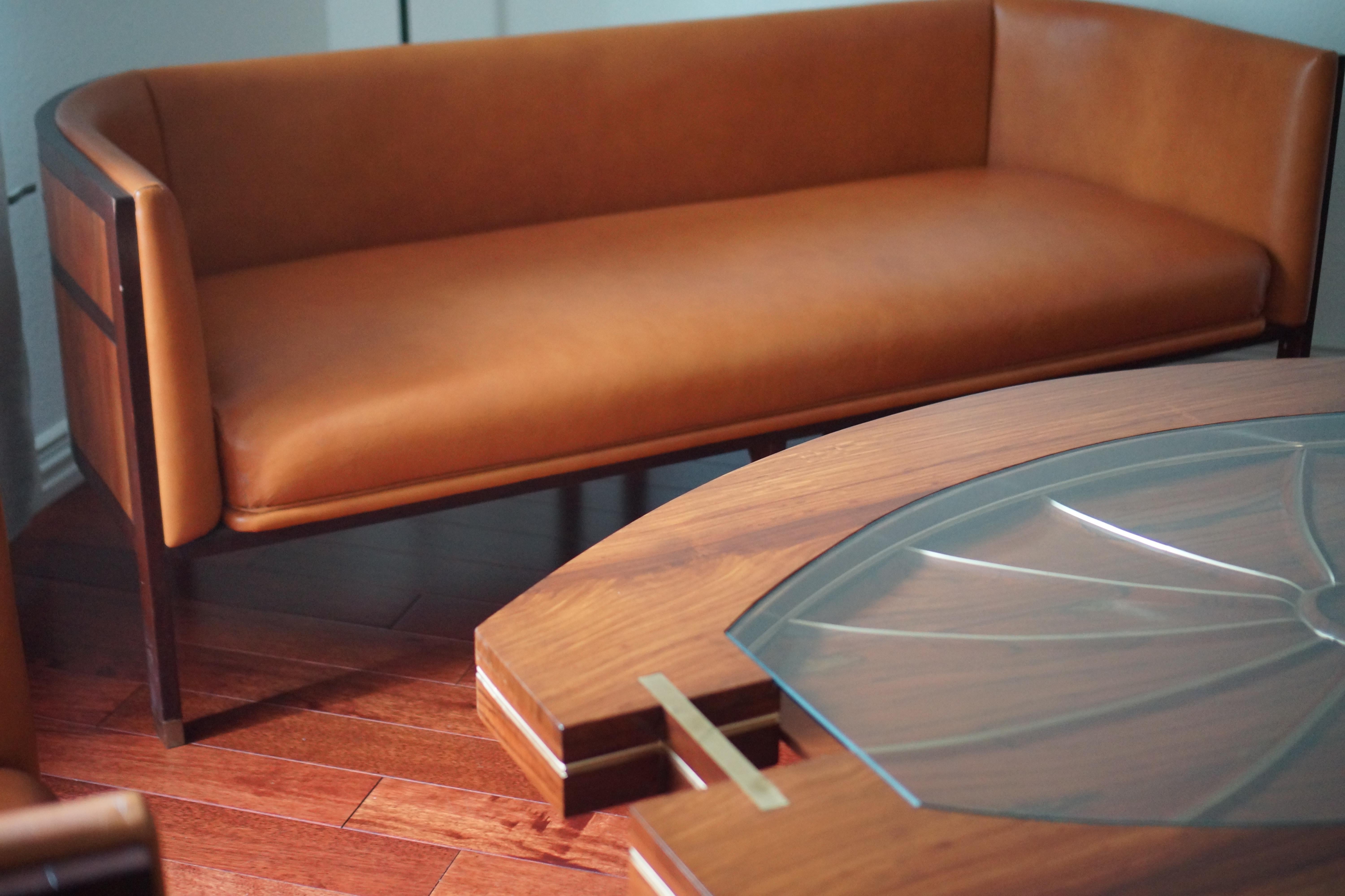 Contemporary Original lounge sofa, Barrel sofa, round back chair, bold, modern, walnut wood For Sale