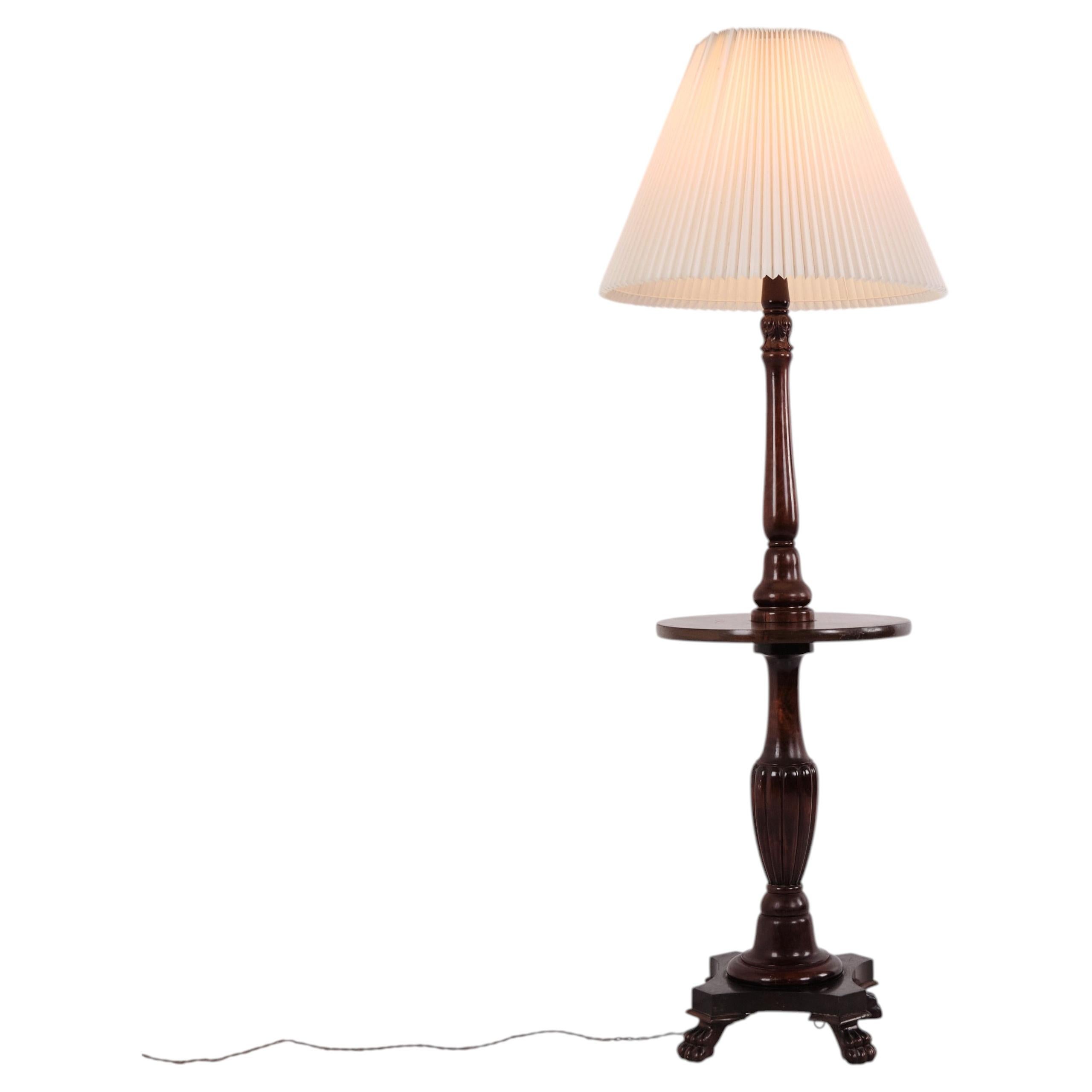 Original Mahogany Standard Lamp with Integrated Table and Lion Paw Feet