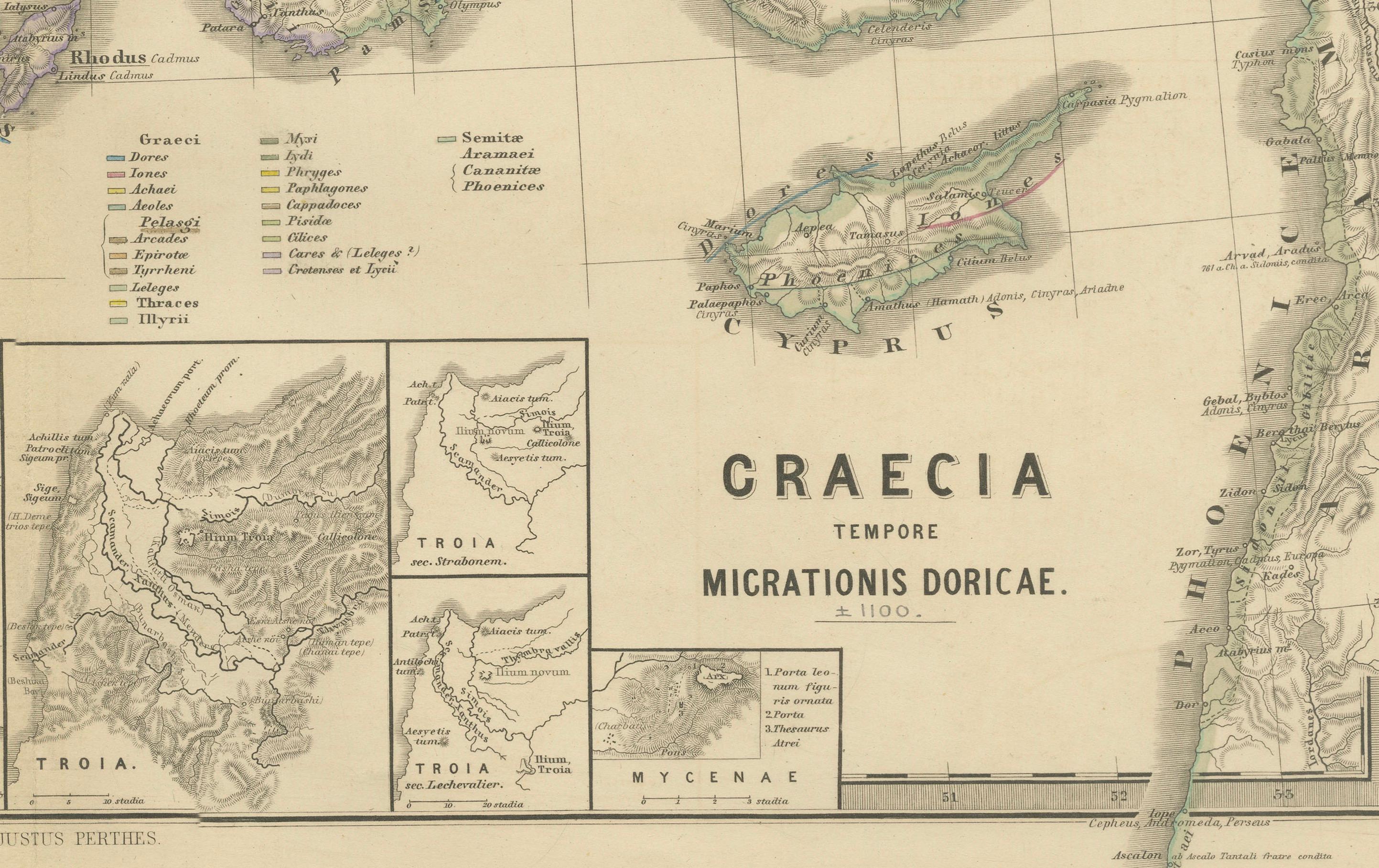 Late 19th Century Original Map of Greece at the Time of the Dorian Migration, Published in 1880 For Sale