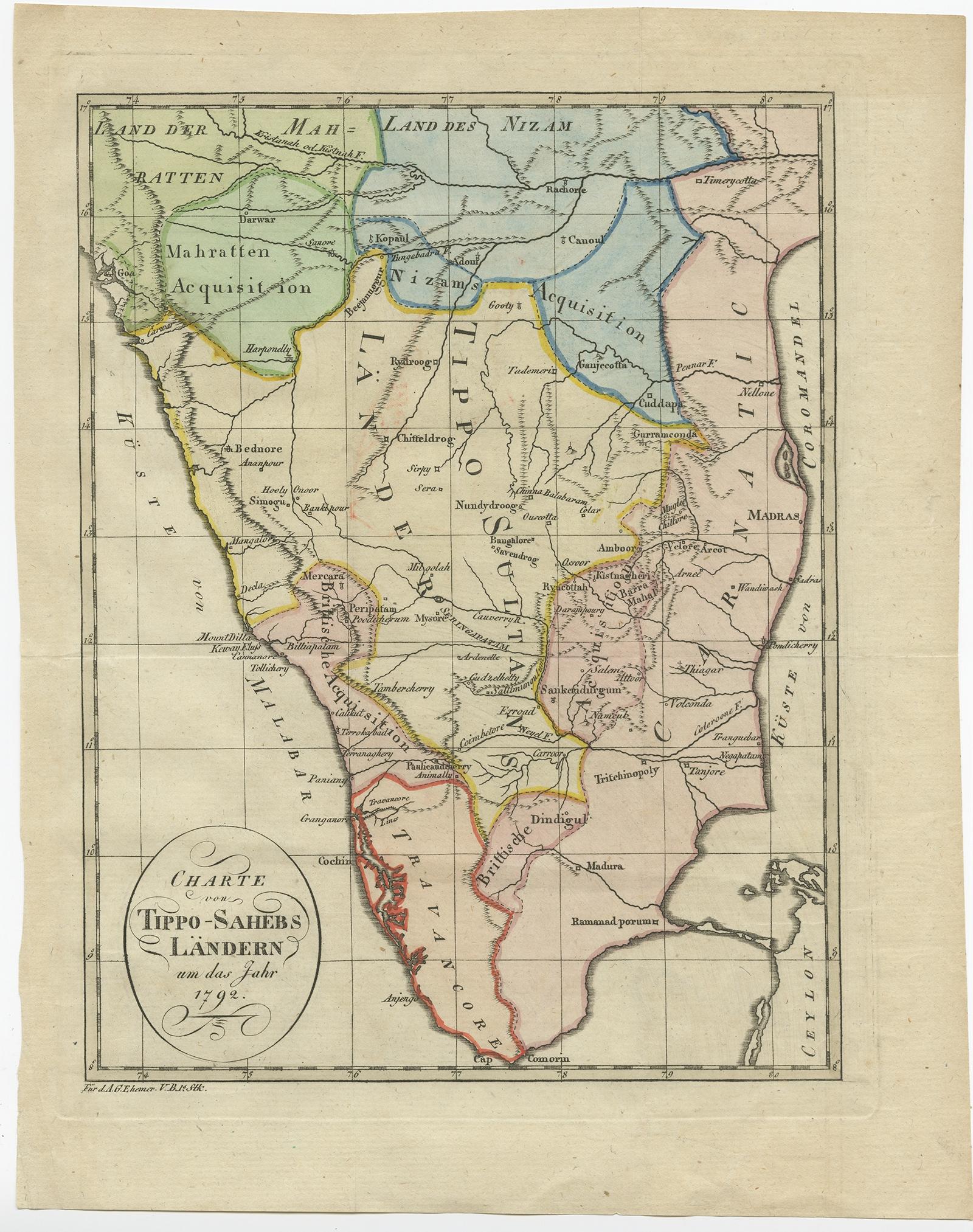 Antique map titled 'Charte von Tippo-Sahebs Ländern um das Jahr 1792'. 

Original antique map of Southern India. Tipu Sultan, also known as the Tipu Sahib, was a ruler of the Kingdom of Mysore. This map originates from volume 5 of 'Allgemeine