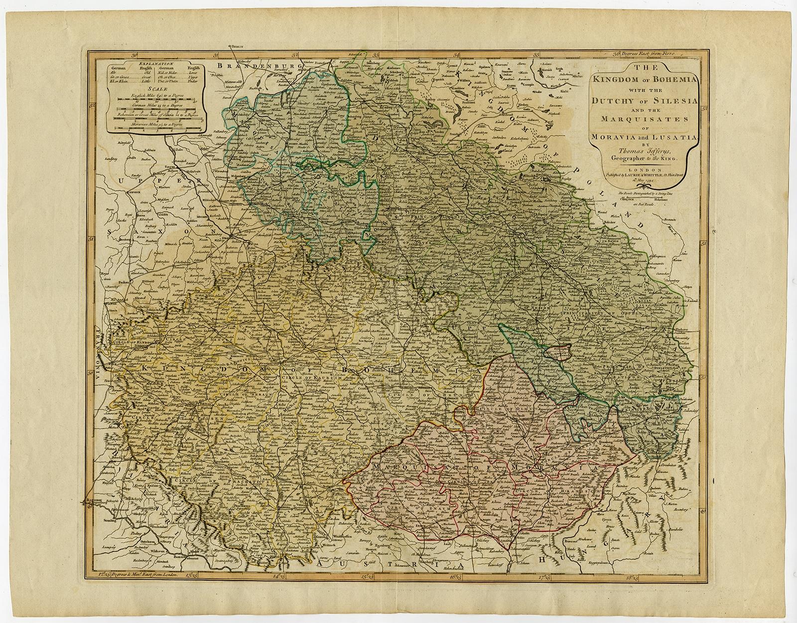 Antique map titled 'The Kingdom of Bohemia with the Duchy of Silesia and the Marquisates of Moravia and Lusatia.' 

Map of the Kingdom of Bohemia, with Silesia, Moravia and Lusatia. This map originates from 'A new universal atlas, exhibiting all
