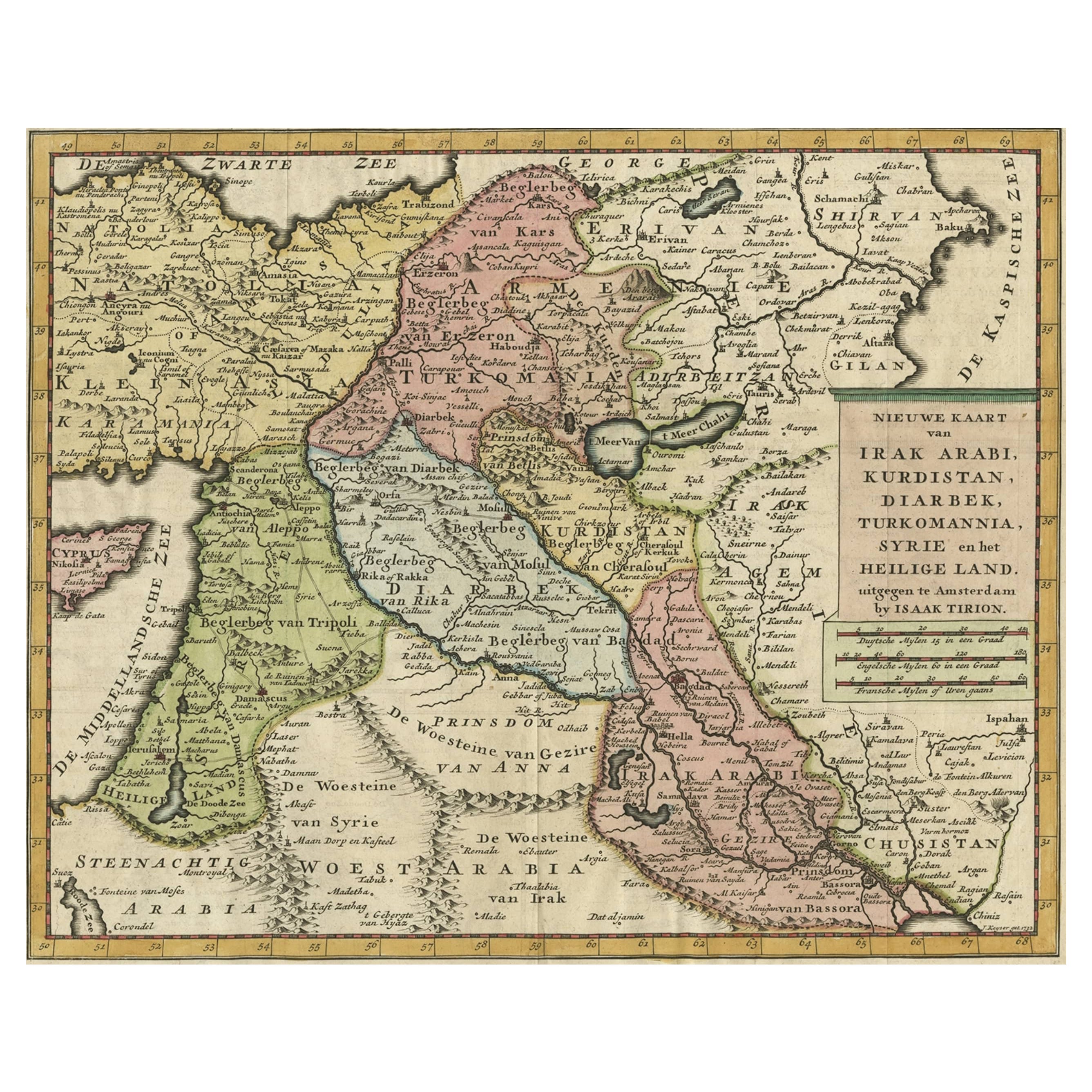 Mappa originale della penisola araba settentrionale, della Palestina, dell'Iraq e dell'Iran, 1732