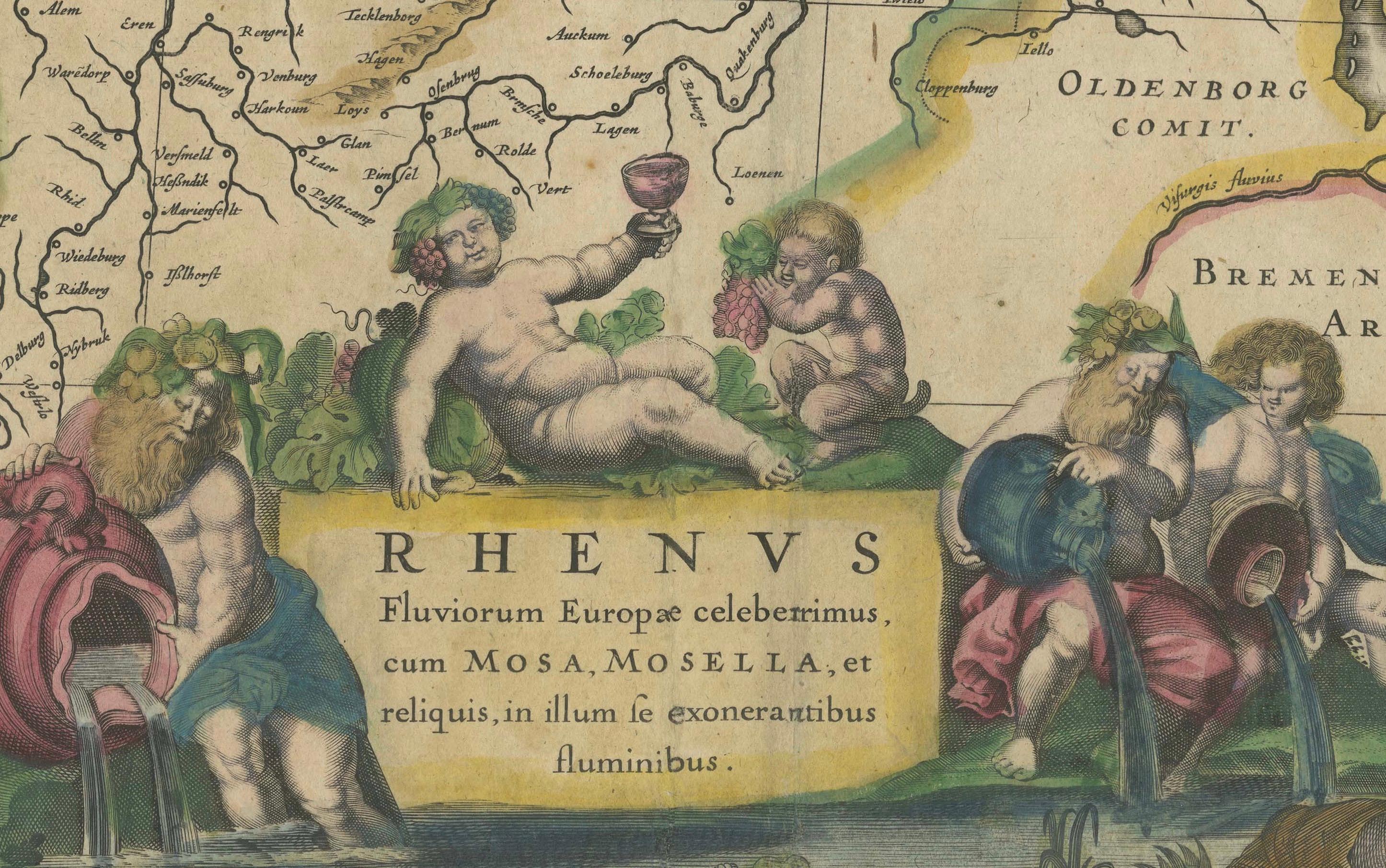 Gravé Carte originale du Rhin dans le Saint Empire romain germanique par Janssonius, c.1645 en vente