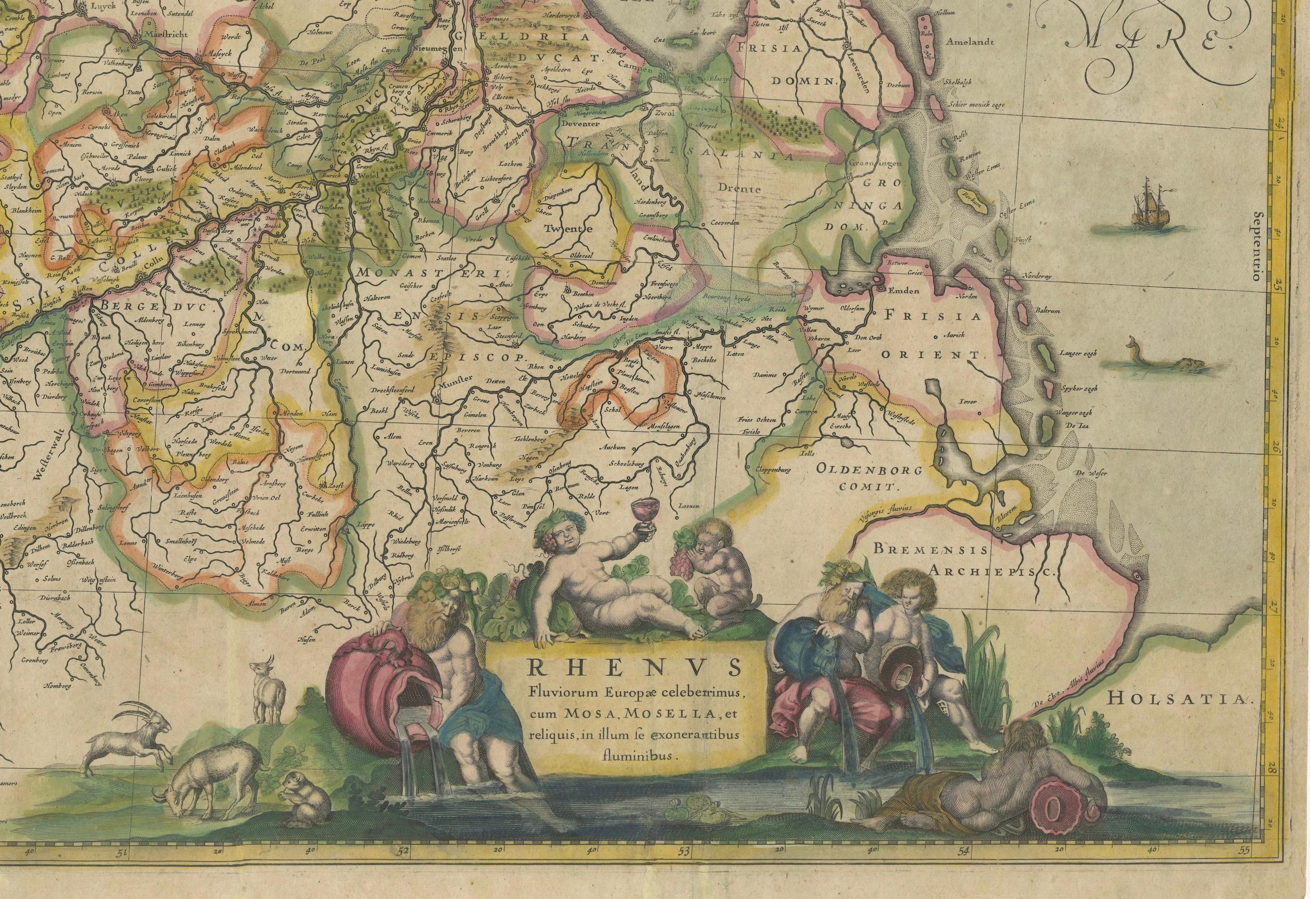 Carte originale du Rhin dans le Saint Empire romain germanique par Janssonius, c.1645 Bon état - En vente à Langweer, NL
